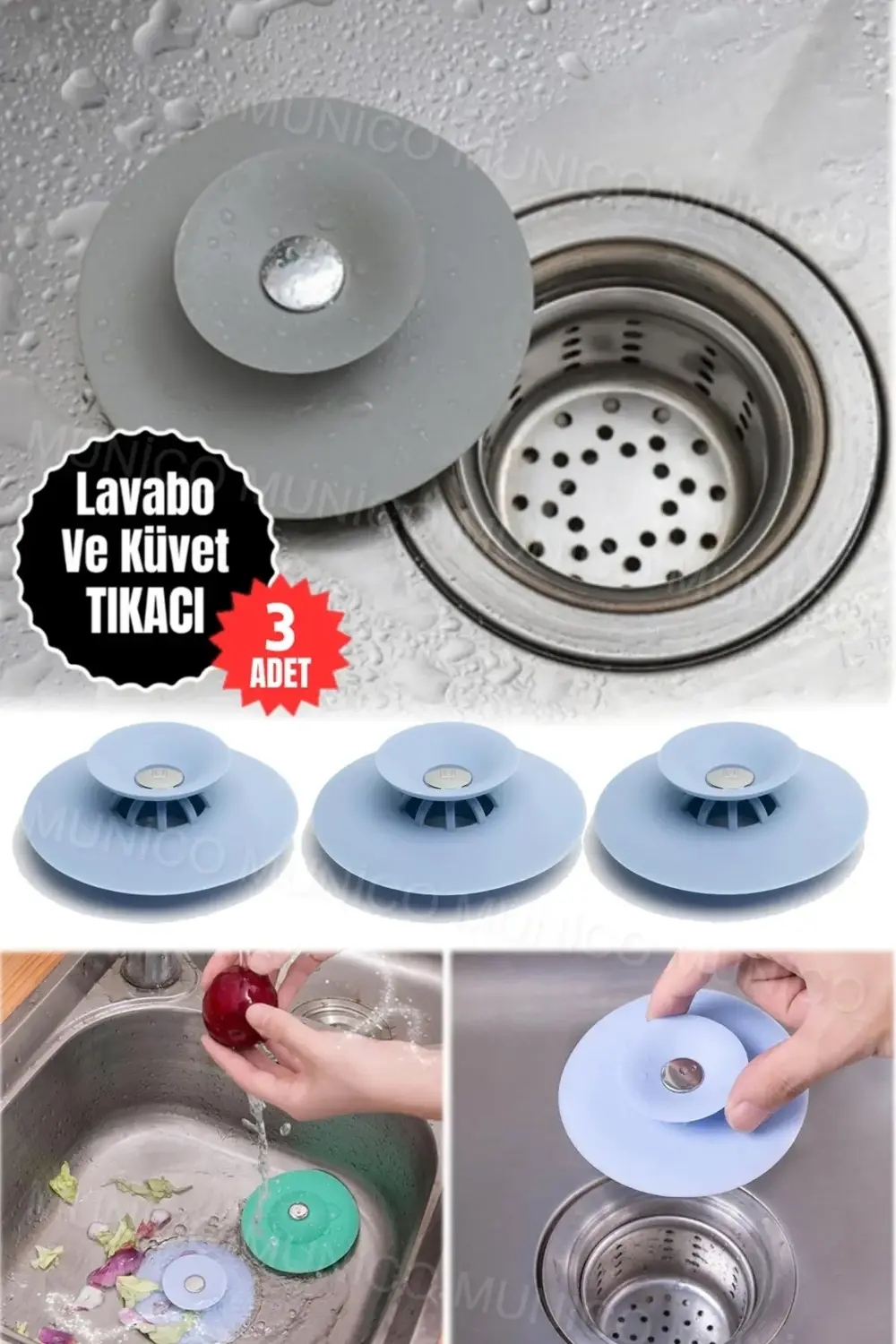 3 Adet Silikon Küvet Lavabo Banyo Tıkacı Süzgeçi Gider Tıkacı Tık