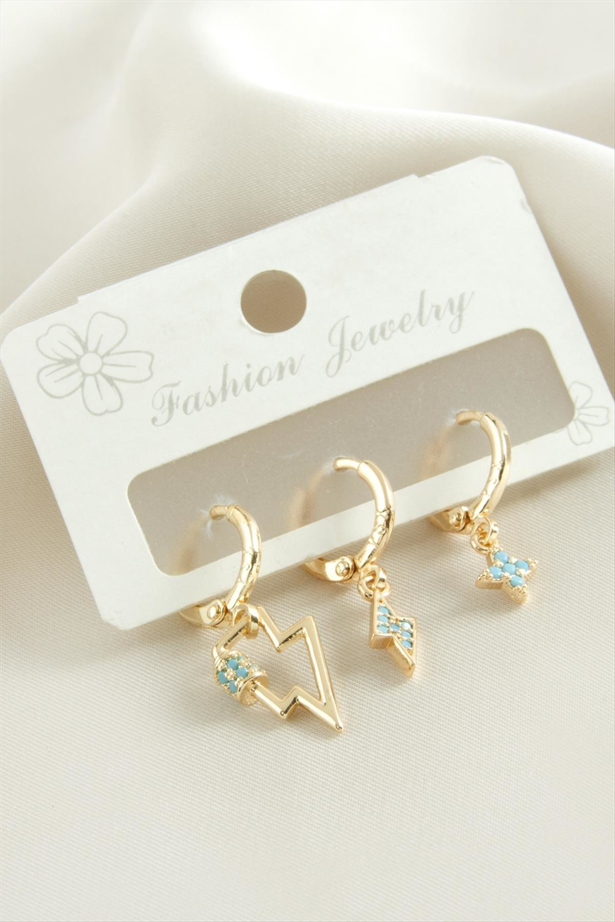 3 Adet Şimşek Zirkon () Taşlı Küpe-Sarı