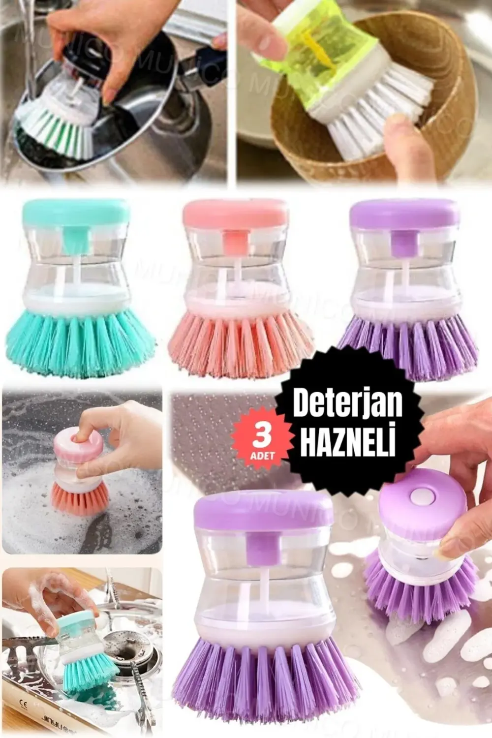 3 Adet Sıvı Deterjanlı Bulaşık Temizlik Aracı Ergonomik Kullanışl