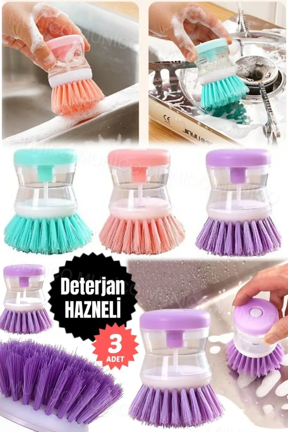 3 Adet Sıvı Deterjanlı Bulaşık Temizlik Aracı Ergonomik Kullanışl
