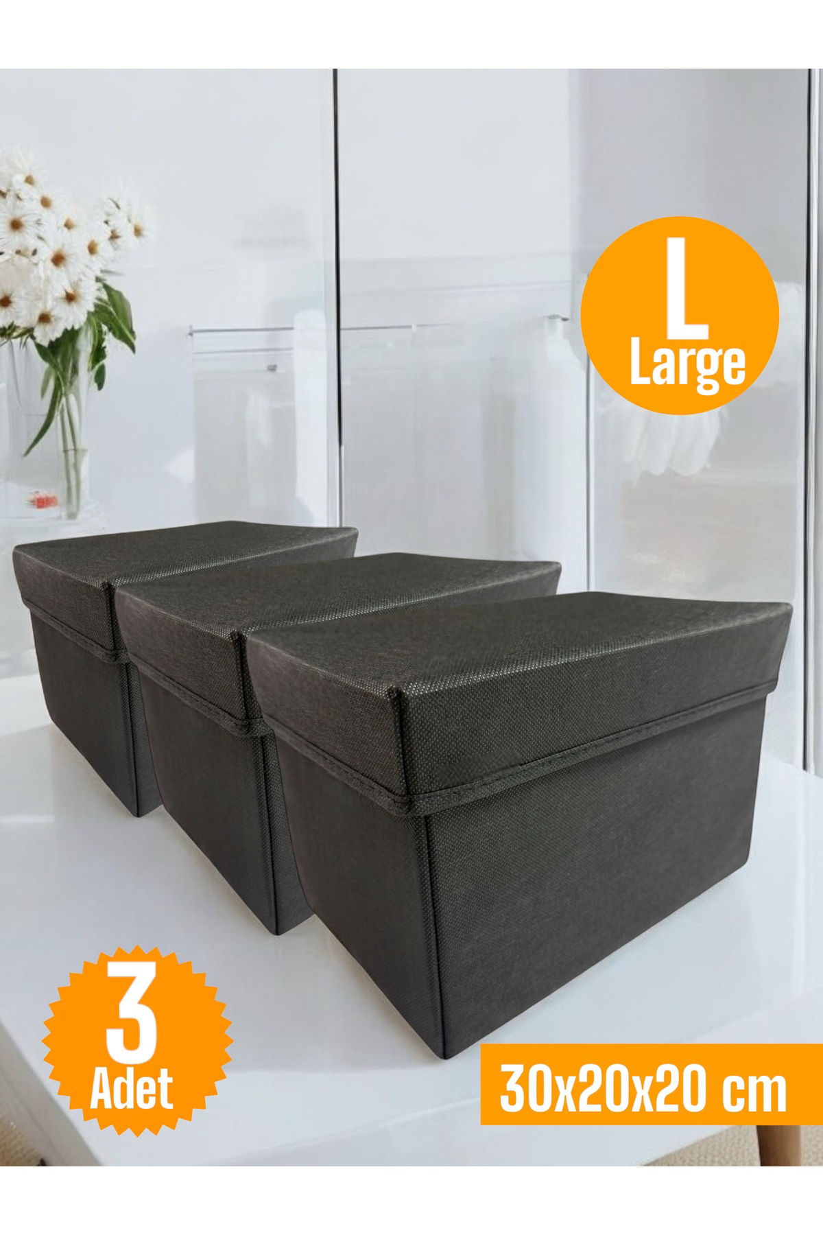 Balkan Room 3 Adet Siyah Kapaklı Dolap İçi Düzenleyici Kutu Çok Amaçlı Saklam