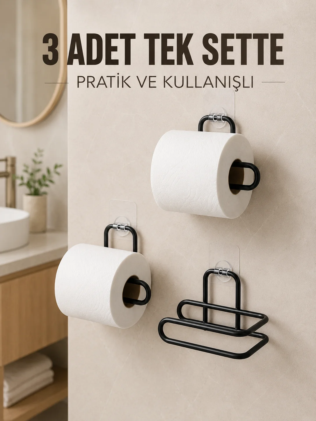 3 Adet Siyah Rulo Kağıt Tutucu Yapışkanlı Duvar Tipi Pratik Kağıtlık Seti Fiyatı, Yorumları ve Özellikleri