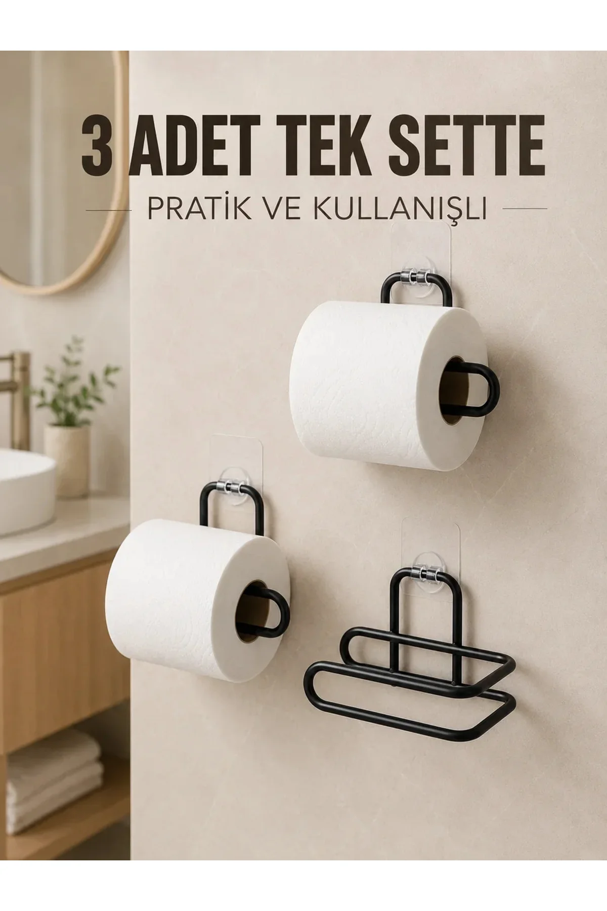 3 Adet Siyah Rulo Kağıt Tutucu Yapışkanlı Duvar Tipi Pratik Kağıtlık Seti