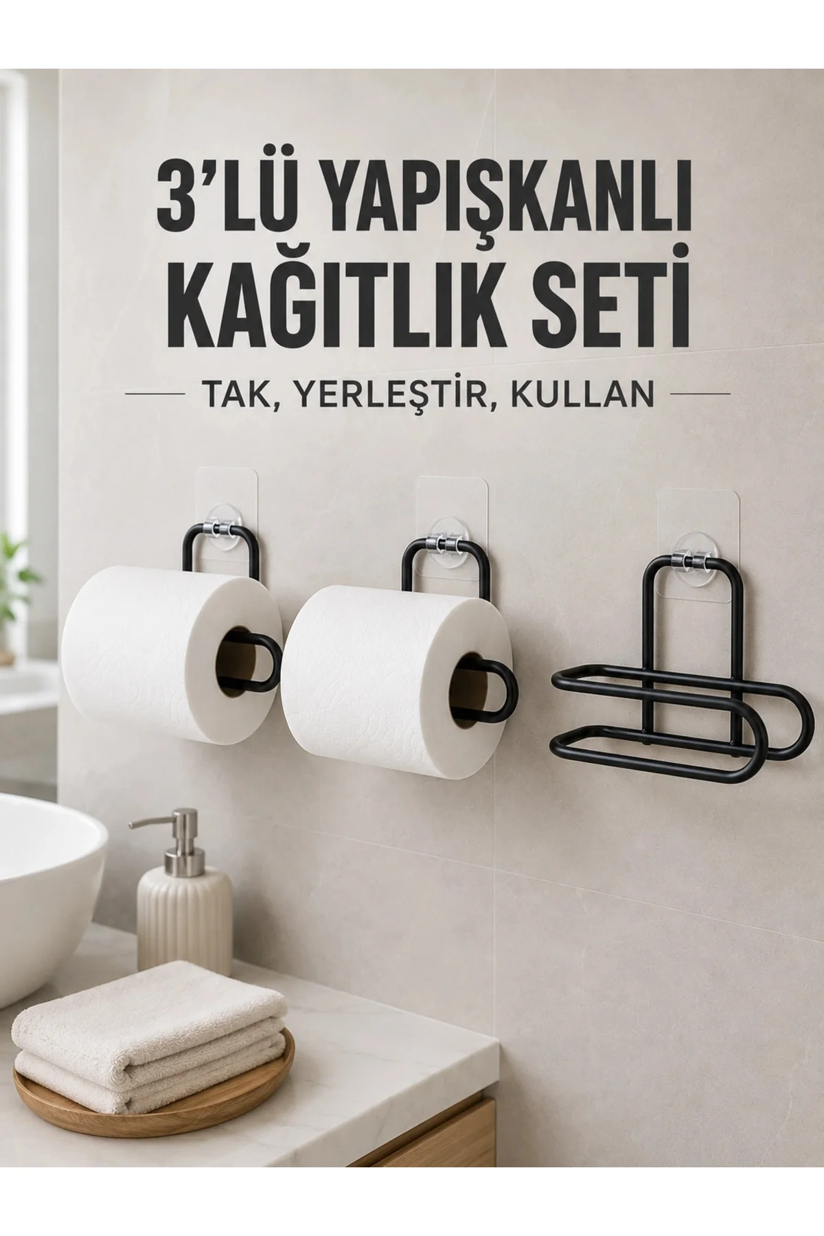 3 Adet Yapışkanlı Rulo Tutucu Siyah Metal Tuvalet Kağıdı Askısı 3 Adet Yapışkanlı Rulo Tutucu Siyah Metal Tuvalet Kağıdı Askısı