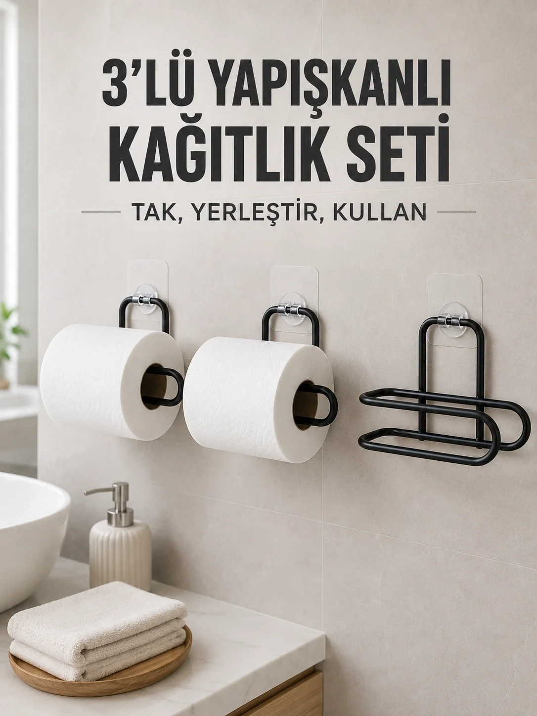 3 Adet Yapışkanlı Rulo Tutucu Siyah Metal Tuvalet Kağıdı Askısı 3 Adet Yapışkanlı Rulo Tutucu Siyah Metal Tuvalet Kağıdı Askısı
