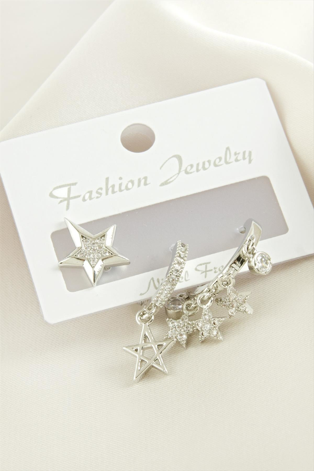 3 Adet Yıldız Zirkon Taşlı Küpe