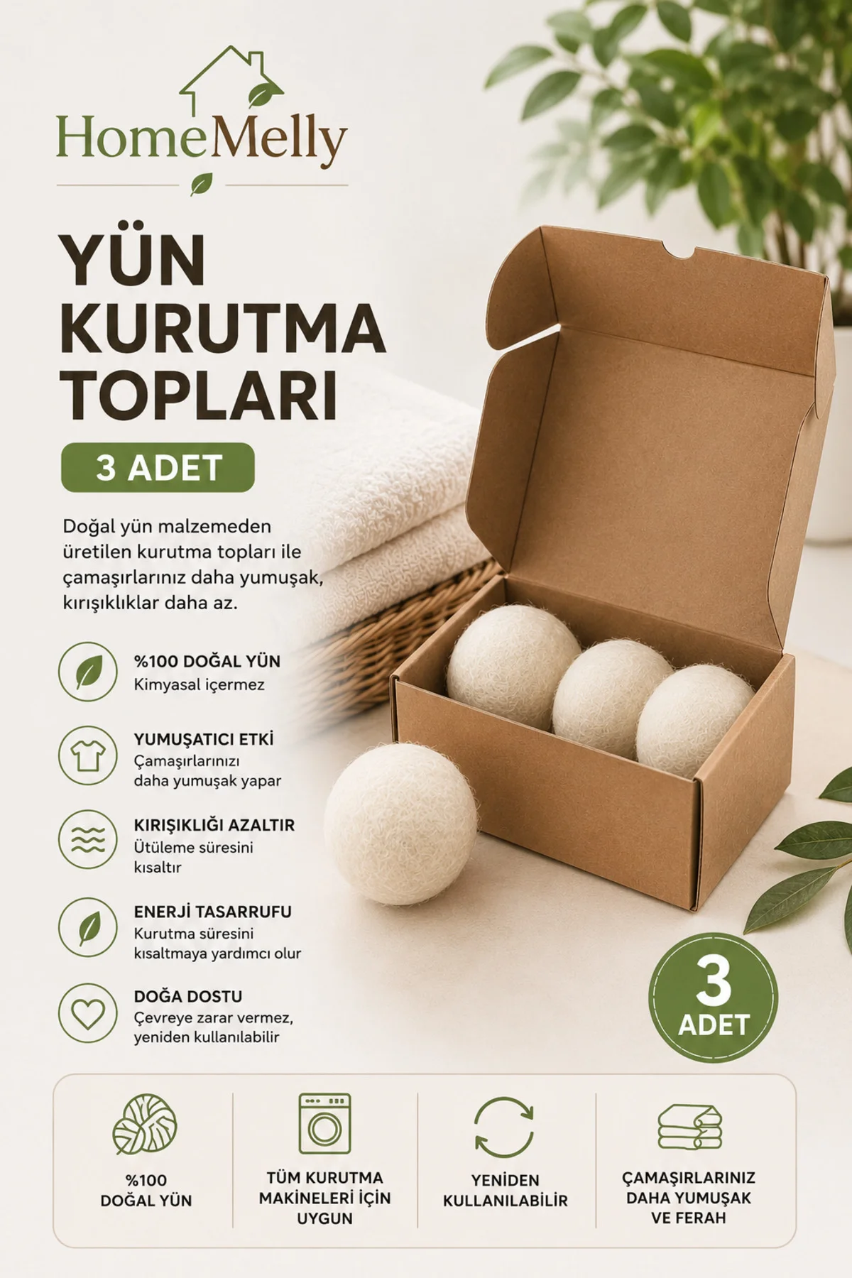 3 Adet Yün Kurutma Topu - Kurutma Makinası İçin Çamaşır Kurutma Topları