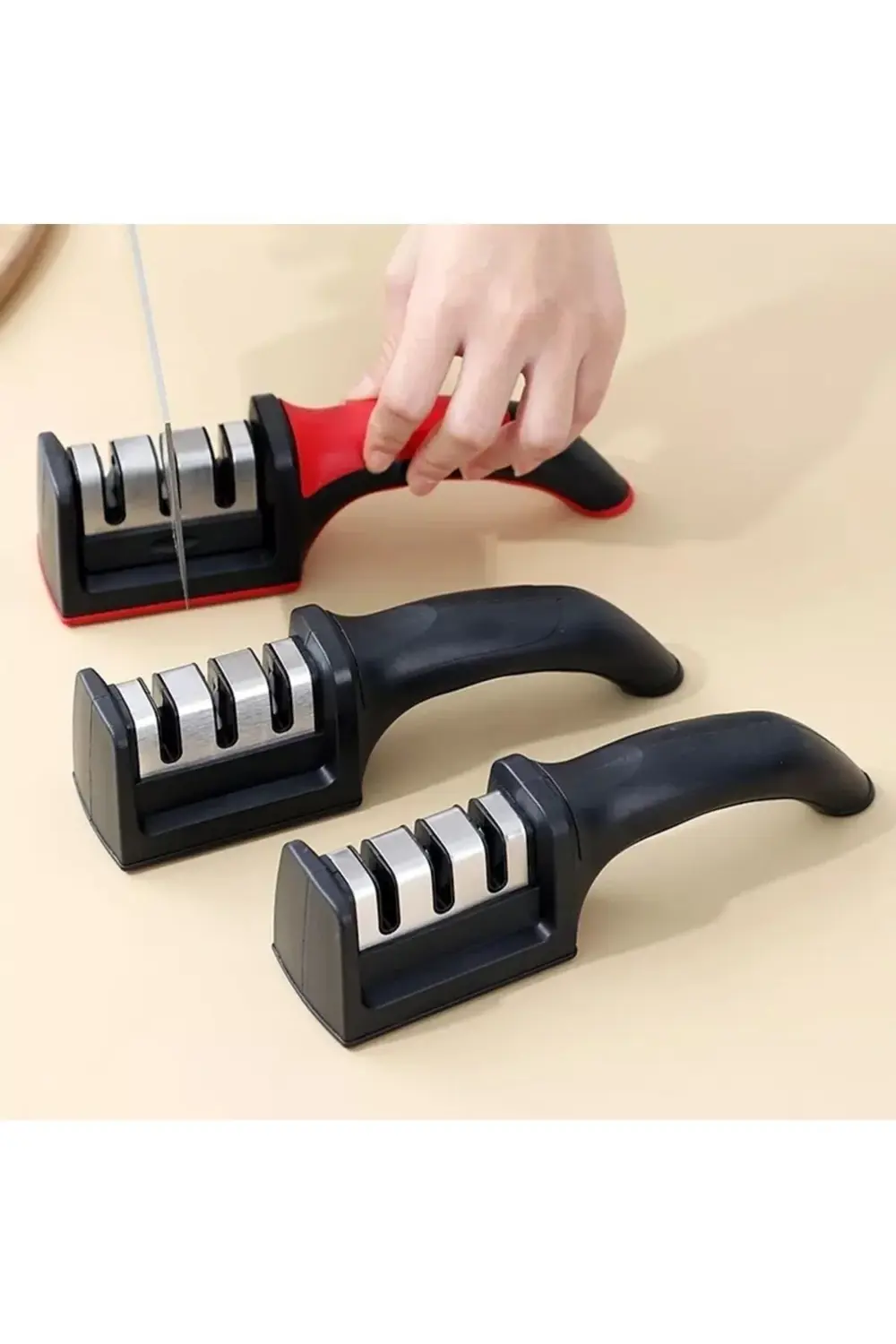 3 Aşamalı Bıçak Bileme Keskinleme Aparatı Bileyici Kırmızı