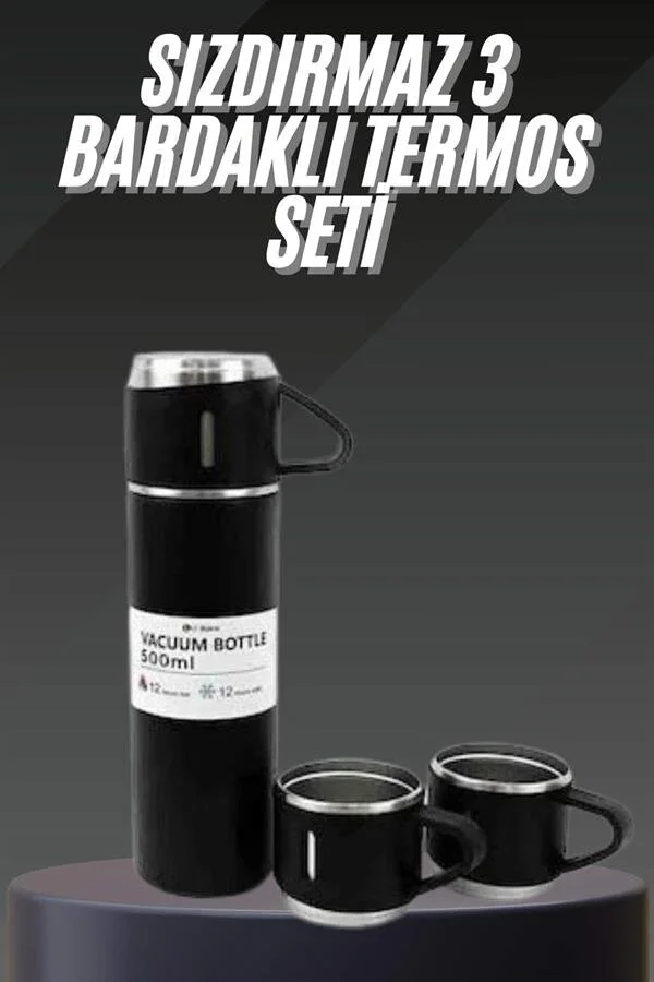3 Bardaklı Paslanmaz Çelik Vakumlu Termos Seti - 500ml 12 Saat Isı Koruma