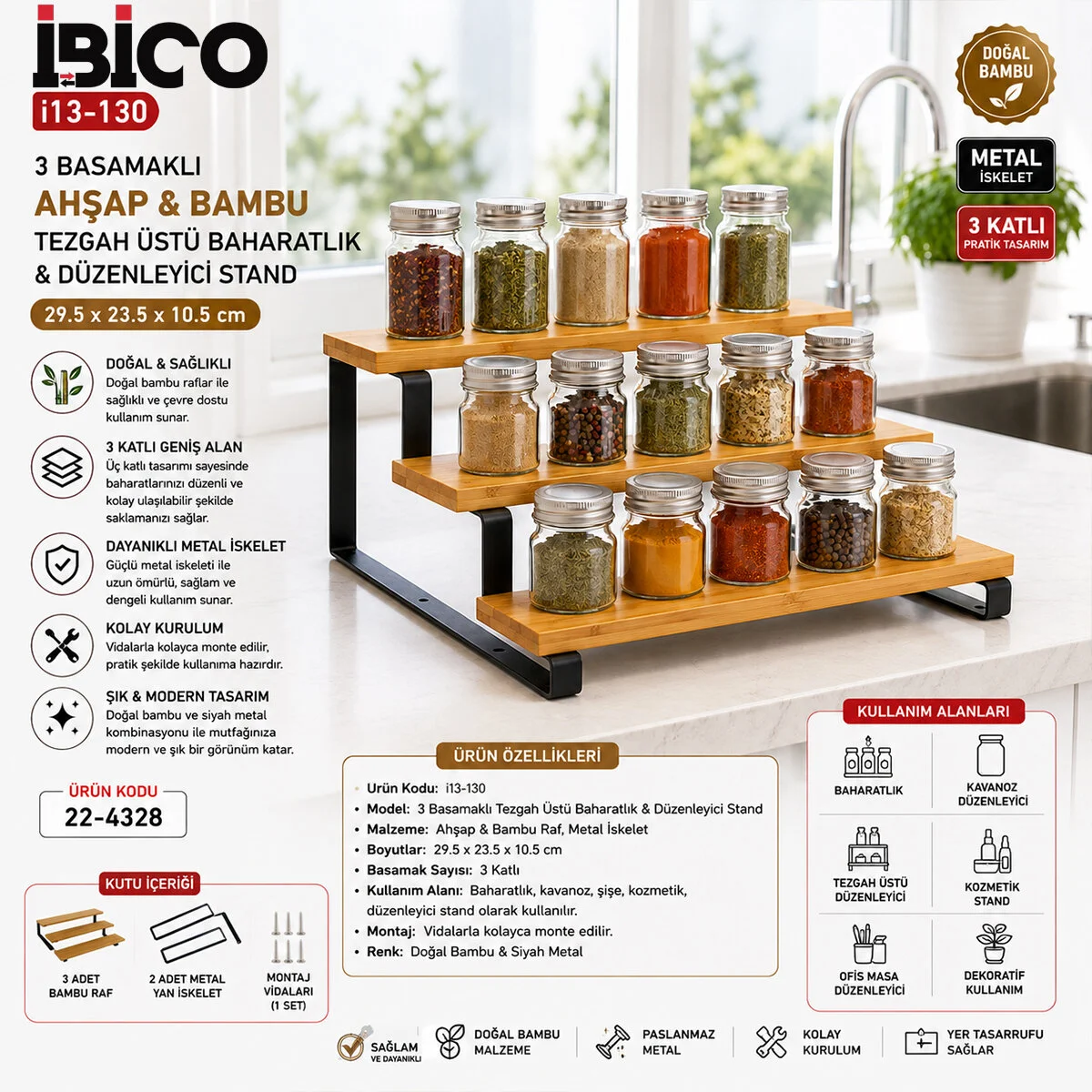 3 Basamaklı Ahşap - Bambu Tezgah Üstü Baharatlık - Düzenleyici Stand 29.5X23.5X10.5CM 3 Basamaklı Ahşap - Bambu Tezgah Üstü Baharatlık - Düzenleyici Stand 29.5X23.5X10.5CM