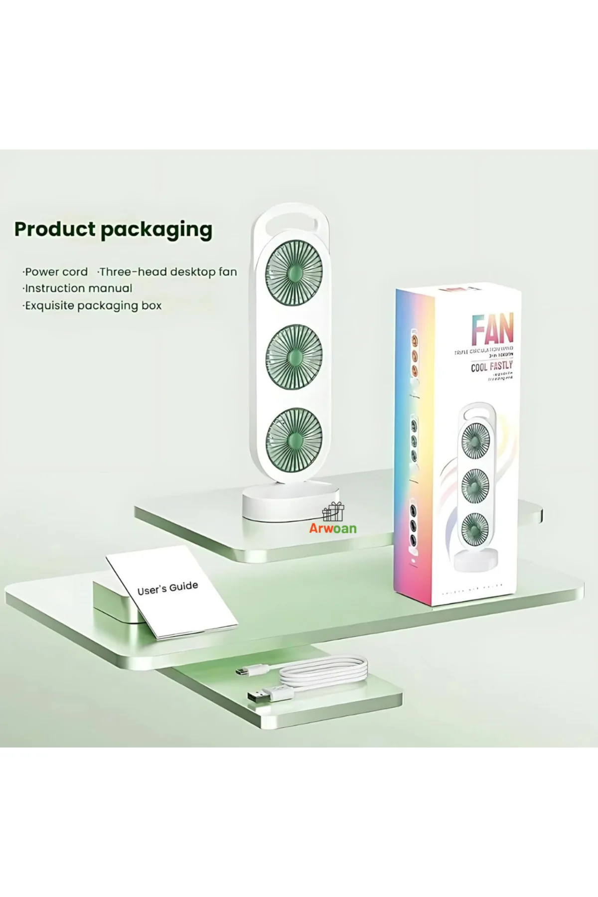 3 Başlıklı USB Şarjlı Taşınabilir Masaüstü Vantilatör Sessiz Güçlü Mini Fan Ev, Ofis, Kamp ve Seyahat İçin