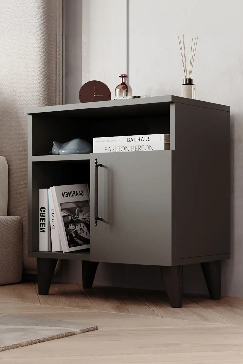 3 Bölmeli Kapaklı Komodin Antrasit