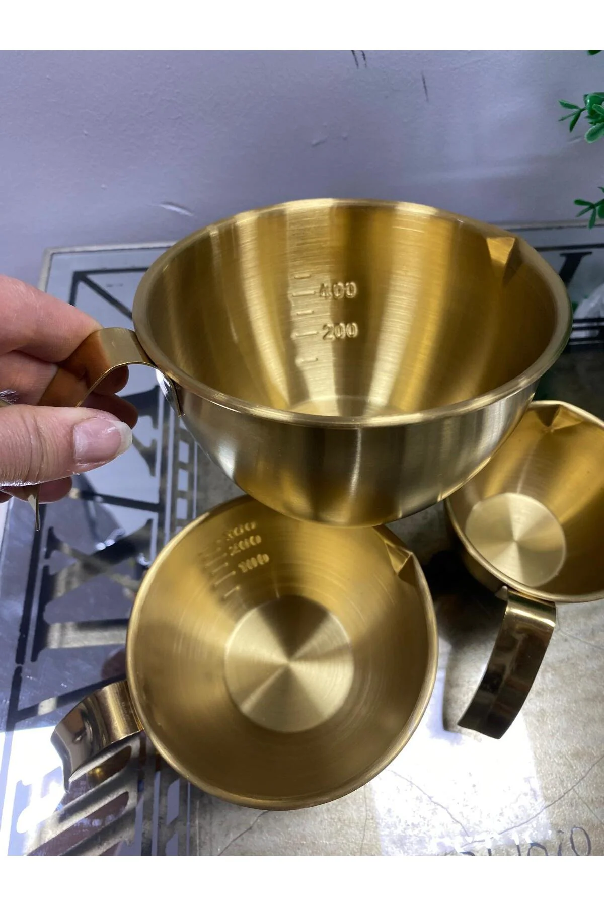 3 Boy Gold Paslanmaz Kulplu Çelik Ölçü Kabı Kasesi 200,300,400 ml