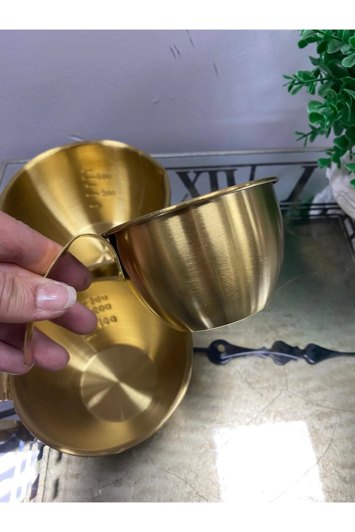 3 Boy Gold Paslanmaz Kulplu Çelik Ölçü Kabı Kasesi 200,300,400 ml