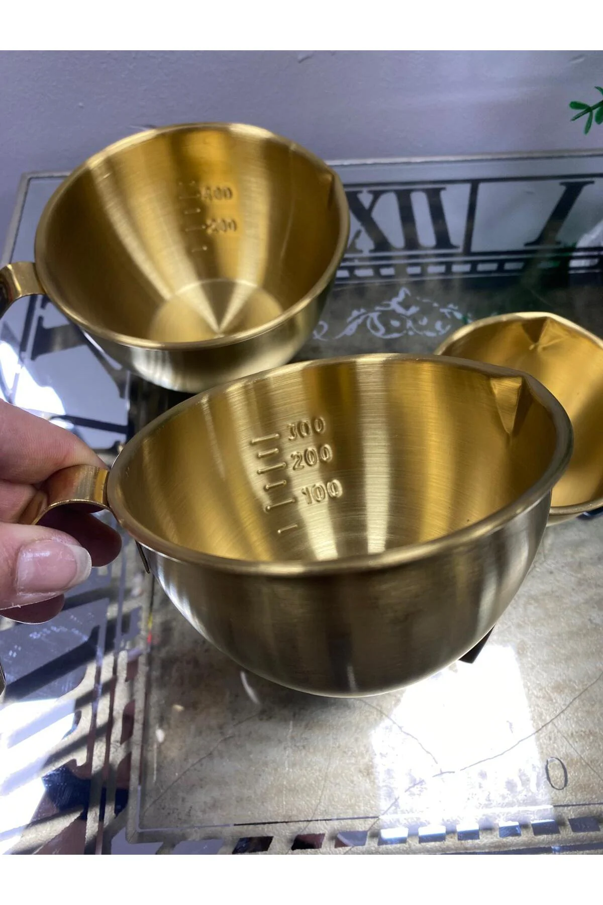3 Boy Gold Paslanmaz Kulplu Çelik Ölçü Kabı Kasesi 200,300,400 ml