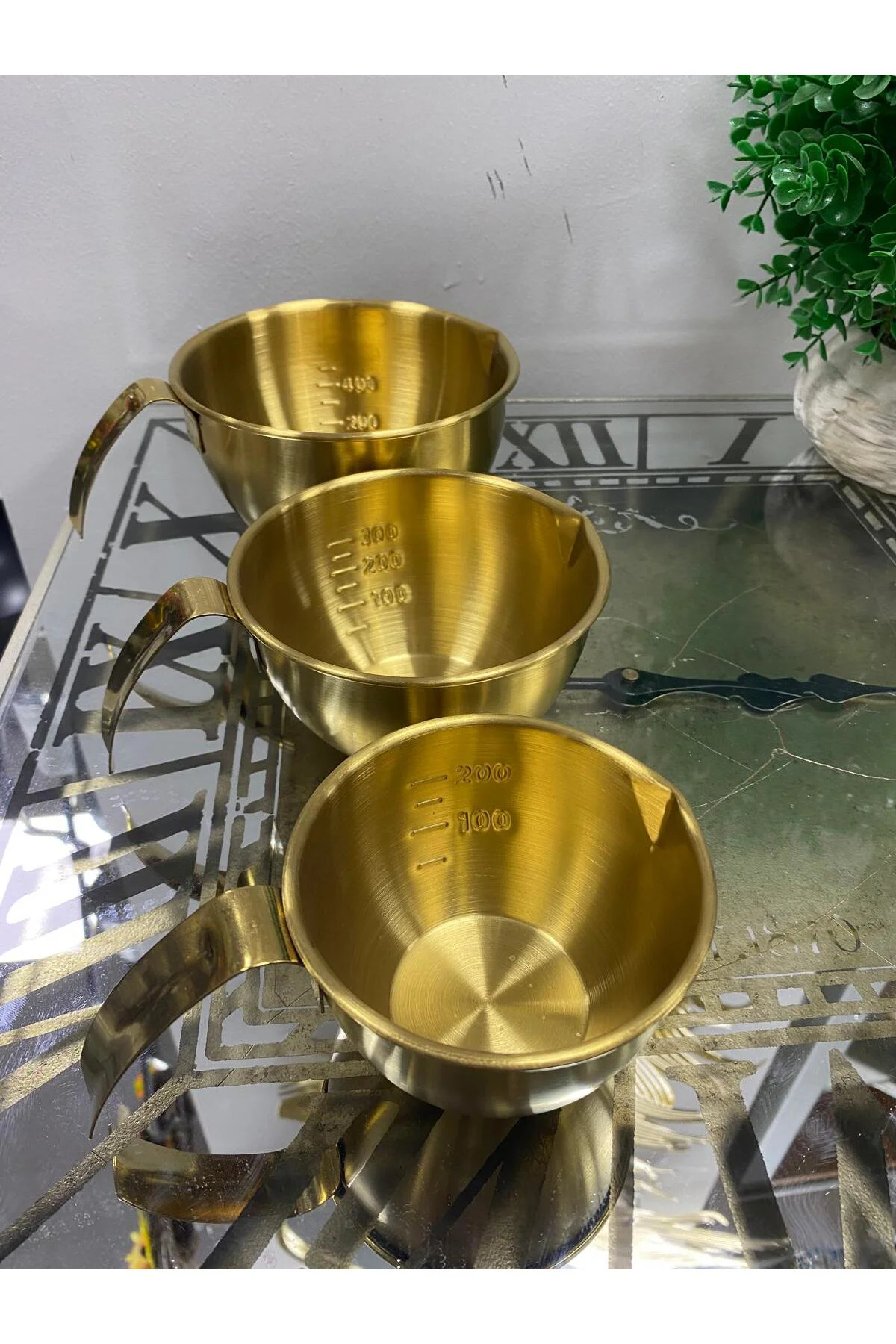 3 Boy Gold Paslanmaz Kulplu Çelik Ölçü Kabı Kasesi 200,300,400 ml