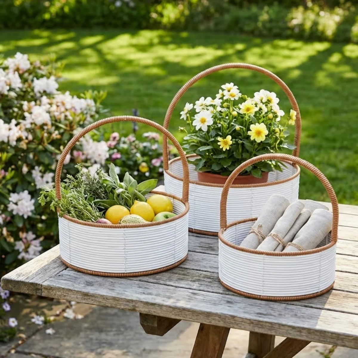 3 Boy İç İçe Geçebilen Plastik Rattan Sepetler–Beyaz Renkli,Kahverengi Saplı, Çok Amaçlı Düzenleyici ve Sunum Sepeti Seti 3 Boy İç İçe Geçebilen Plastik Rattan Sepetler–Beyaz Renkli,Kahverengi Saplı, Çok Amaçlı Düzenleyici ve Sunum Sepeti Seti