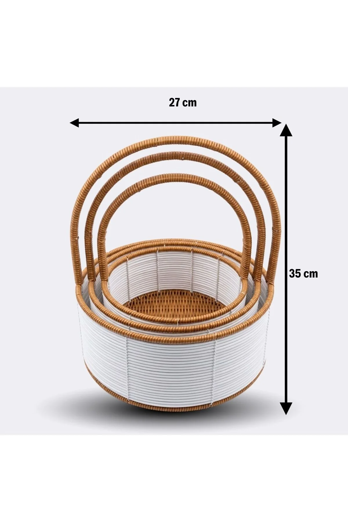 3 Boy İç İçe Geçebilen Plastik Rattan Sepetler–Beyaz Renkli,Kahverengi Saplı, Çok Amaçlı Düzenleyici - Görsel 5