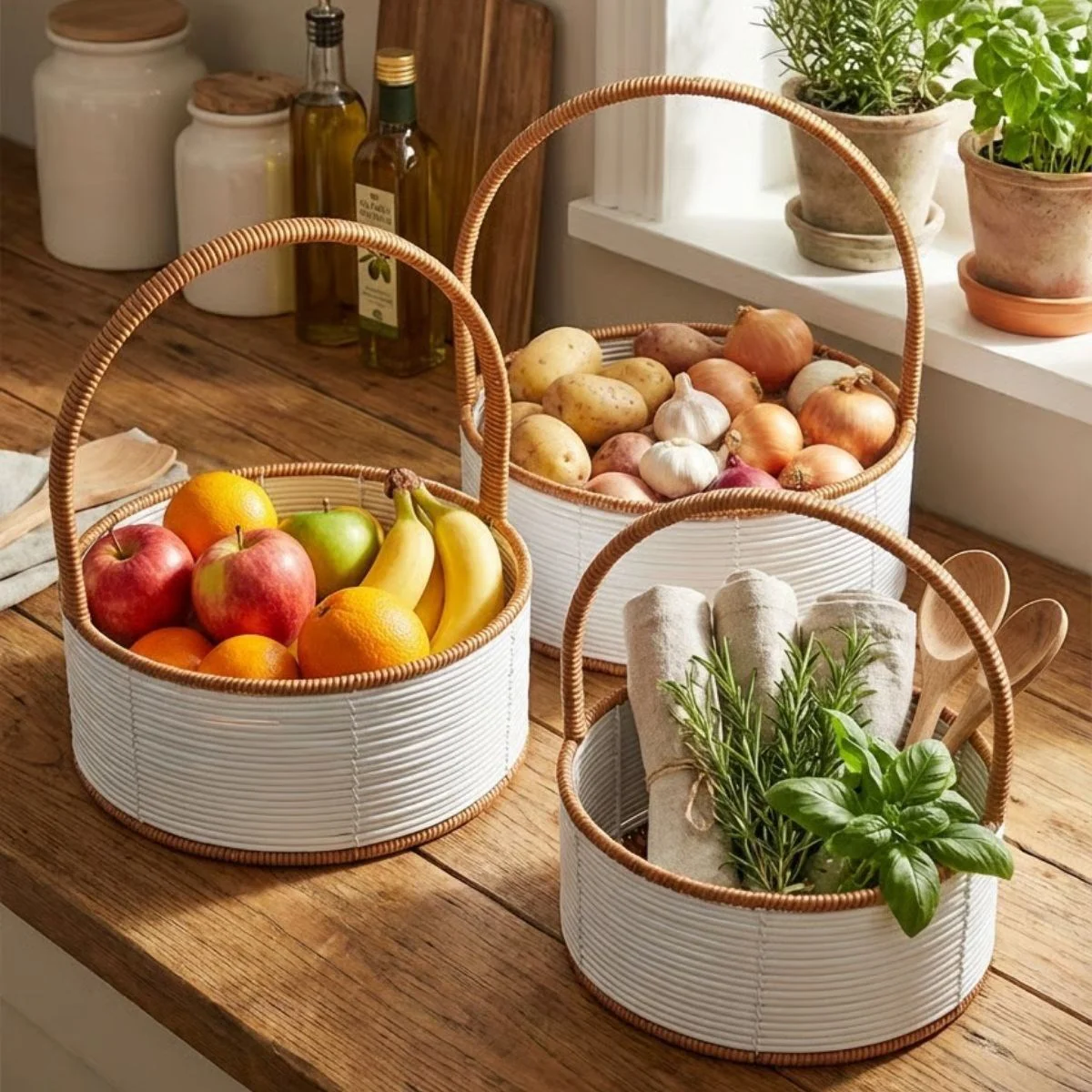 3 Boy İç İçe Geçebilen Plastik Rattan Sepetler–Beyaz Renkli,Kahverengi Saplı, Çok Amaçlı Düzenleyici ve Sunum Sepeti Seti 3 Boy İç İçe Geçebilen Plastik Rattan Sepetler–Beyaz Renkli,Kahverengi Saplı, Çok Amaçlı Düzenleyici ve Sunum Sepeti Seti