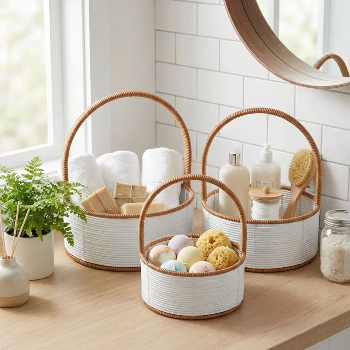3 Boy İç İçe Geçebilen Plastik Rattan Sepetler–Beyaz Renkli,Kahverengi Saplı, Çok Amaçlı Düzenleyici ve Sunum Sepeti Seti 3 Boy İç İçe Geçebilen Plastik Rattan Sepetler–Beyaz Renkli,Kahverengi Saplı, Çok Amaçlı Düzenleyici ve Sunum Sepeti Seti
