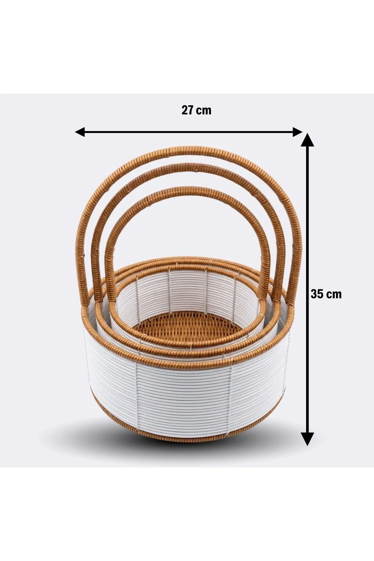 3 Boy İç İçe Geçebilen Plastik Rattan Sepetler–Beyaz Renkli,Kahve
