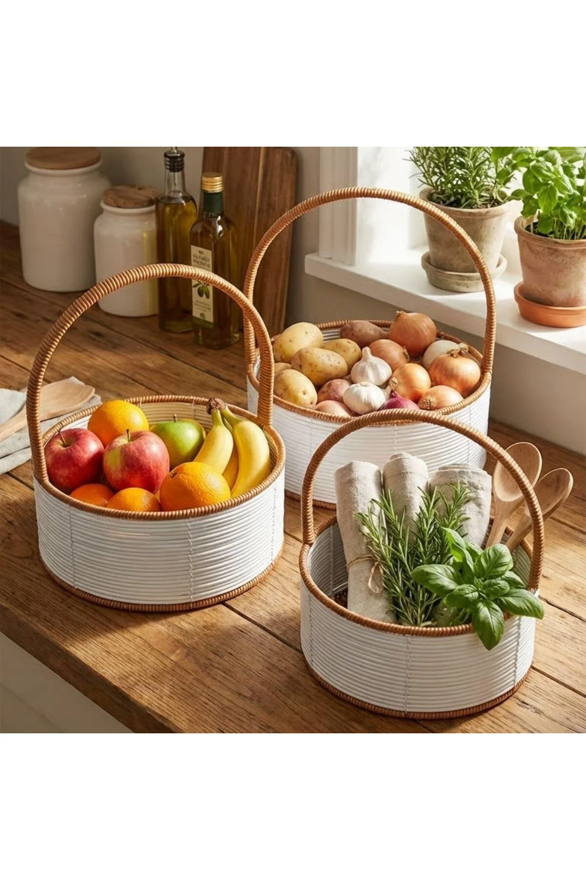 3 Boy İç İçe Geçebilen Plastik Rattan Sepetler–Beyaz Renkli,Kahve