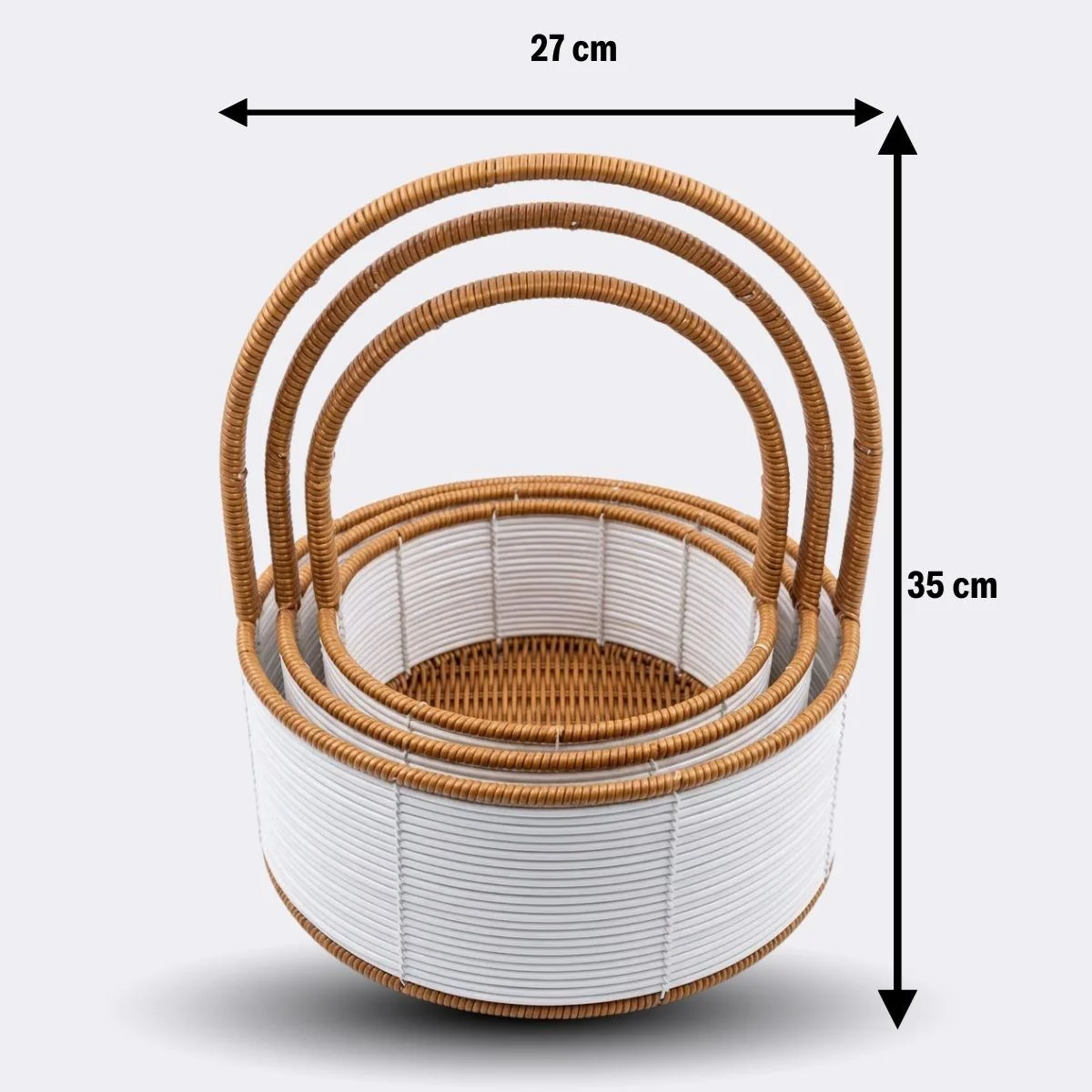 3 Boy İç İçe Geçebilen Plastik Rattan Sepetler–Beyaz Renkli,Kahverengi Saplı, Çok Amaçlı Düzenleyici ve Sunum Sepeti Seti 3 Boy İç İçe Geçebilen Plastik Rattan Sepetler–Beyaz Renkli,Kahverengi Saplı, Çok Amaçlı Düzenleyici ve Sunum Sepeti Seti