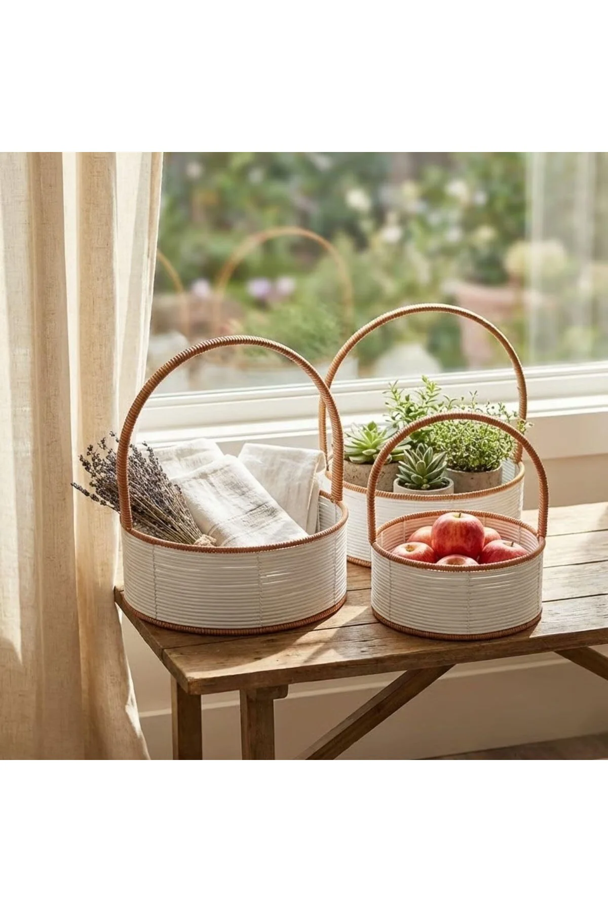 3 Boy İç İçe Geçebilen Plastik Rattan Sepetler–Beyaz Renkli,Kahve