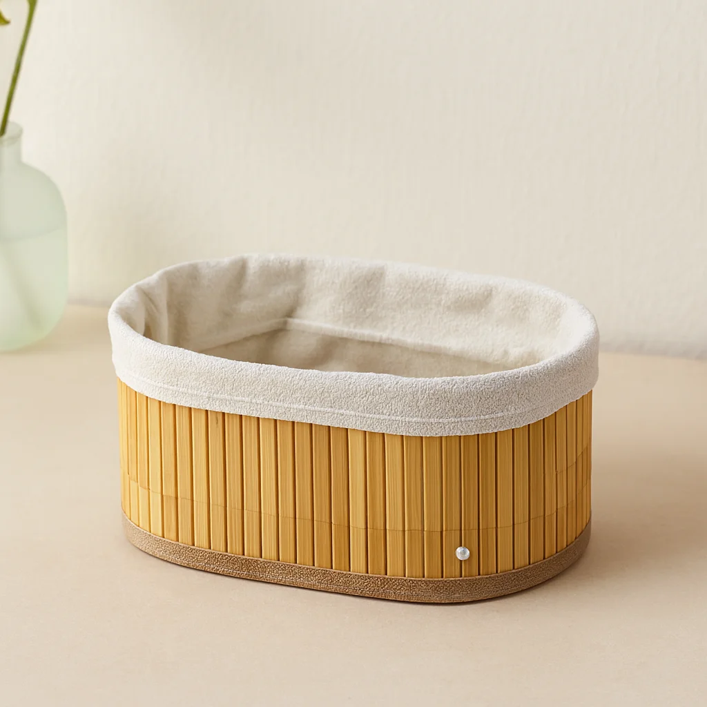 3 Boy Oval Organizer Sepet - Bambu Kenarlı, Ahşap Tabanlı, Bezli