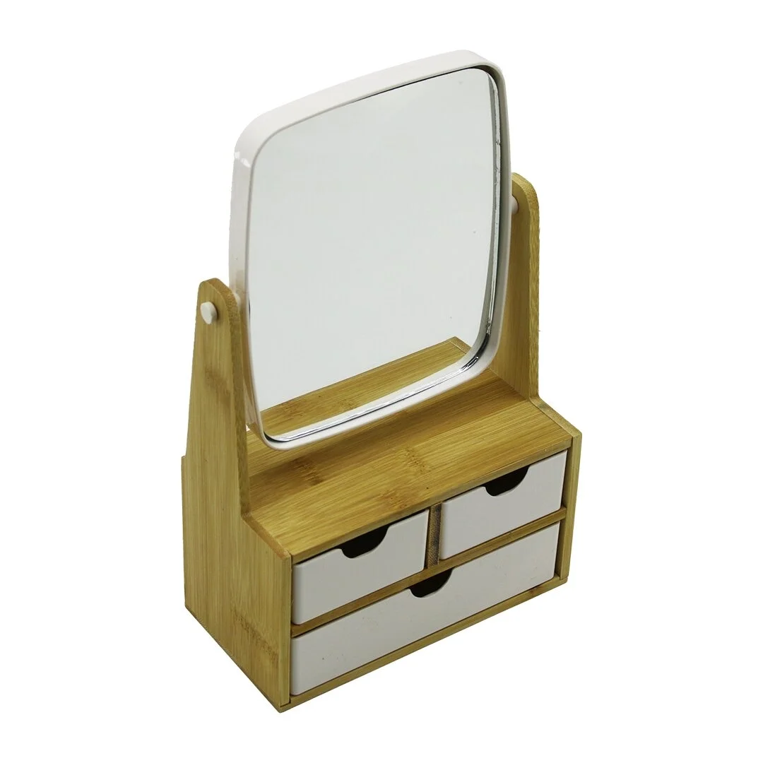 3 Çekmeceli Bambu Ahşap Standlı=9x9.5x18x21.5cm Makyaj Aynası=15x18cm Takılık 2+1 Organizer Bx40 Fiyatı, Yorumları ve Özellikleri