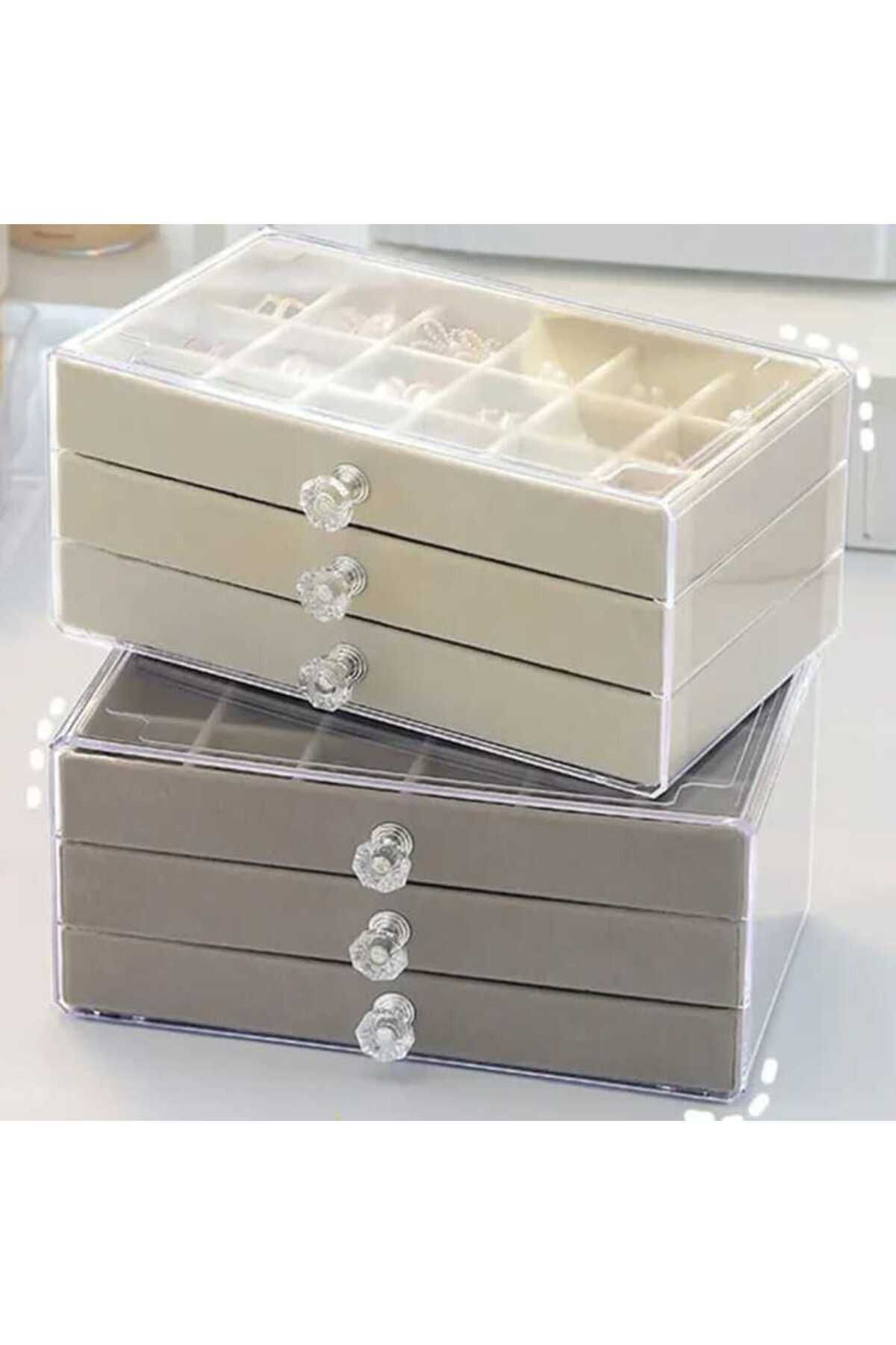 3 Çekmeceli Bölmeli Şeffaf Kadife Mücevher Takı kutusu Küpe Yüzük