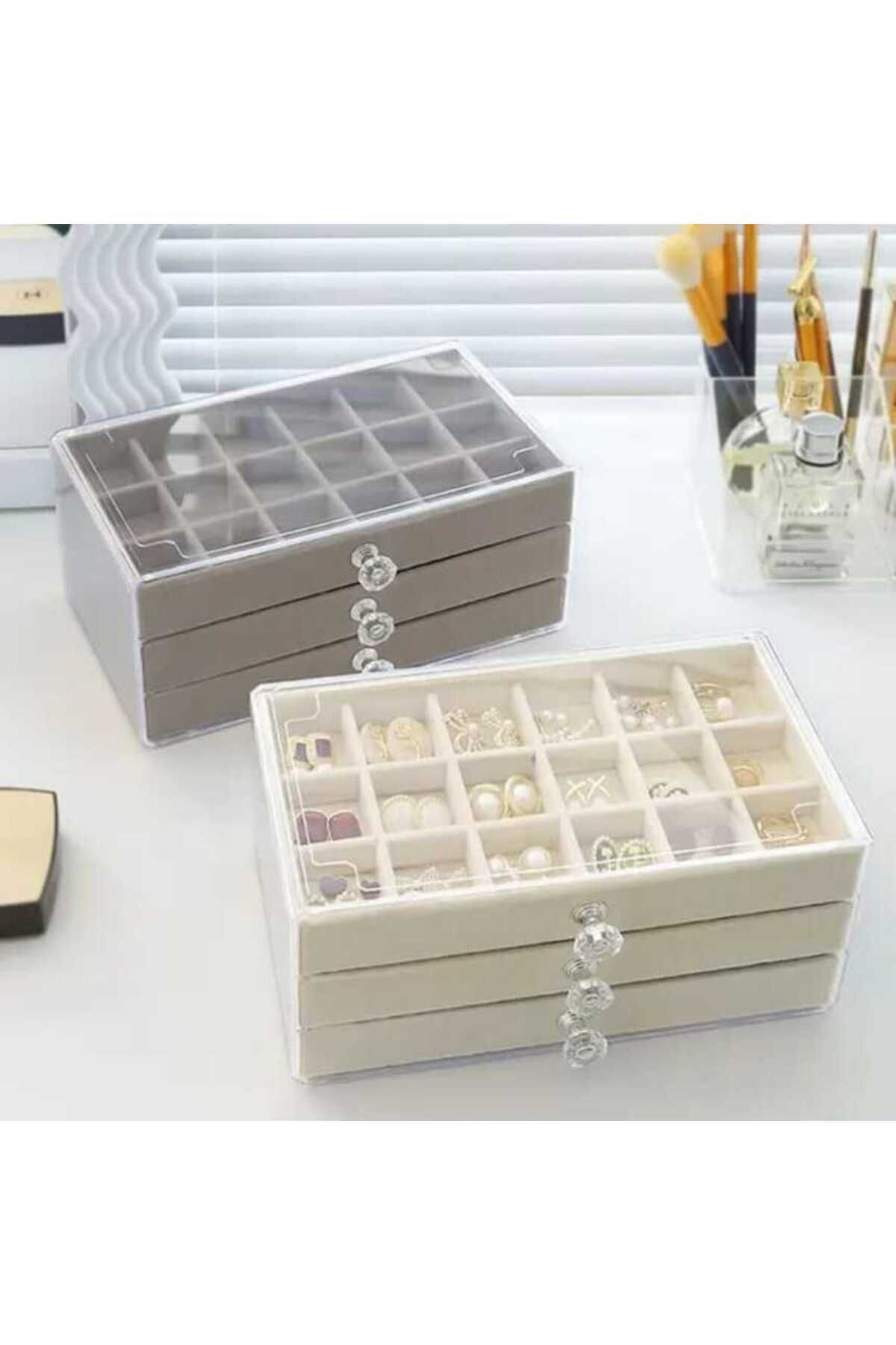 3 Çekmeceli Bölmeli Şeffaf Kadife Mücevher Takı kutusu Küpe Yüzük