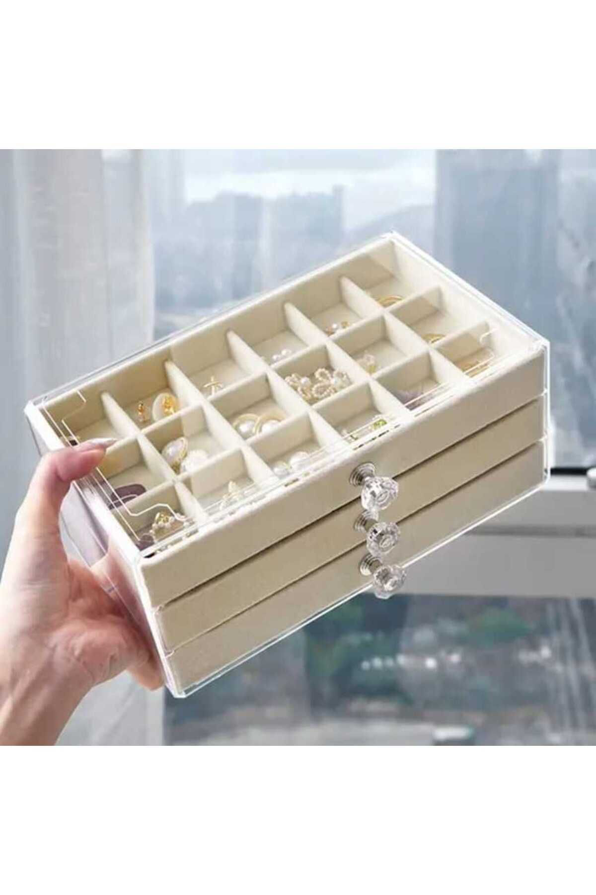 3 Çekmeceli Bölmeli Şeffaf Kadife Mücevher Takı kutusu Küpe Yüzük