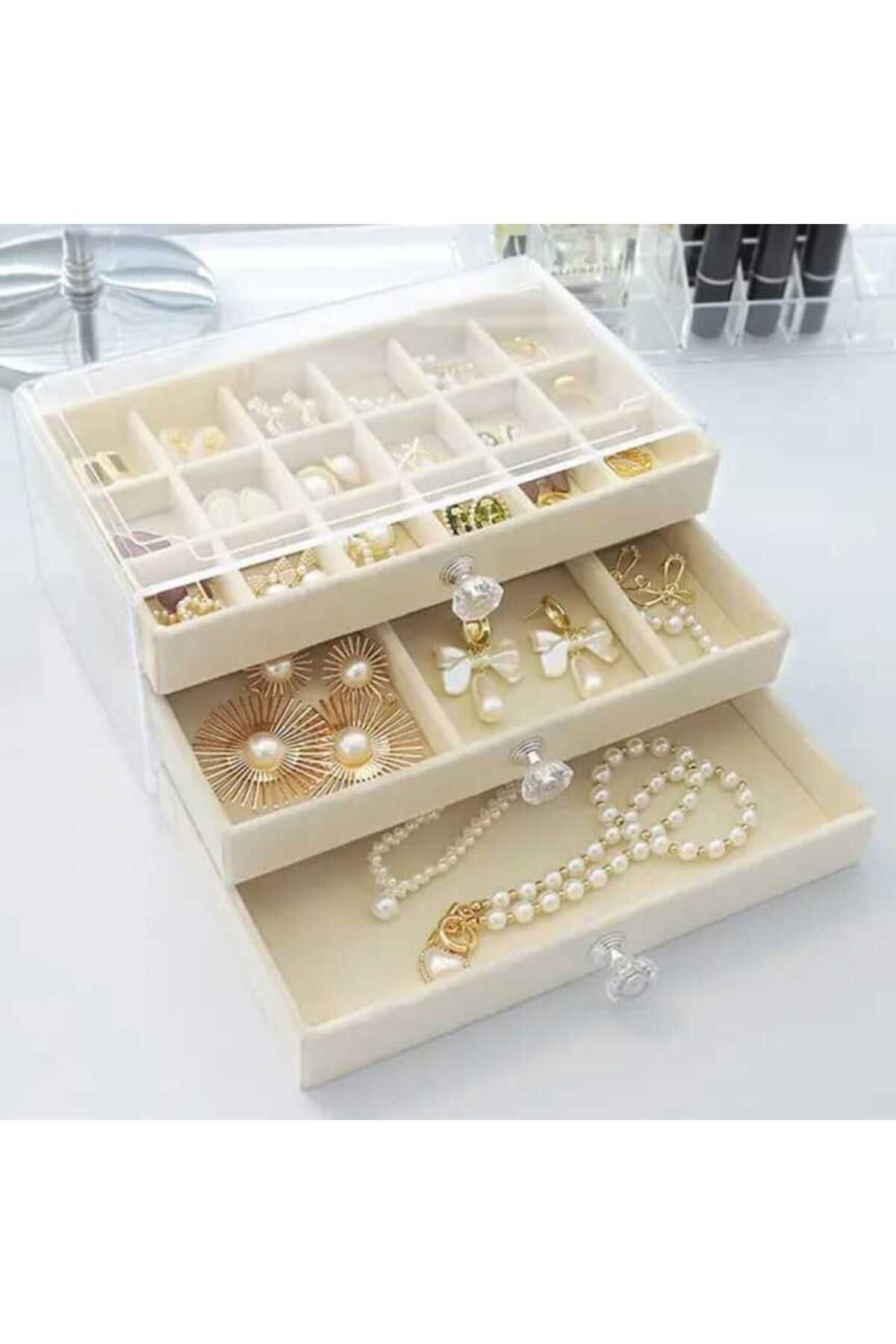 3 Çekmeceli Bölmeli Şeffaf Kadife Mücevher Takı kutusu Küpe Yüzük