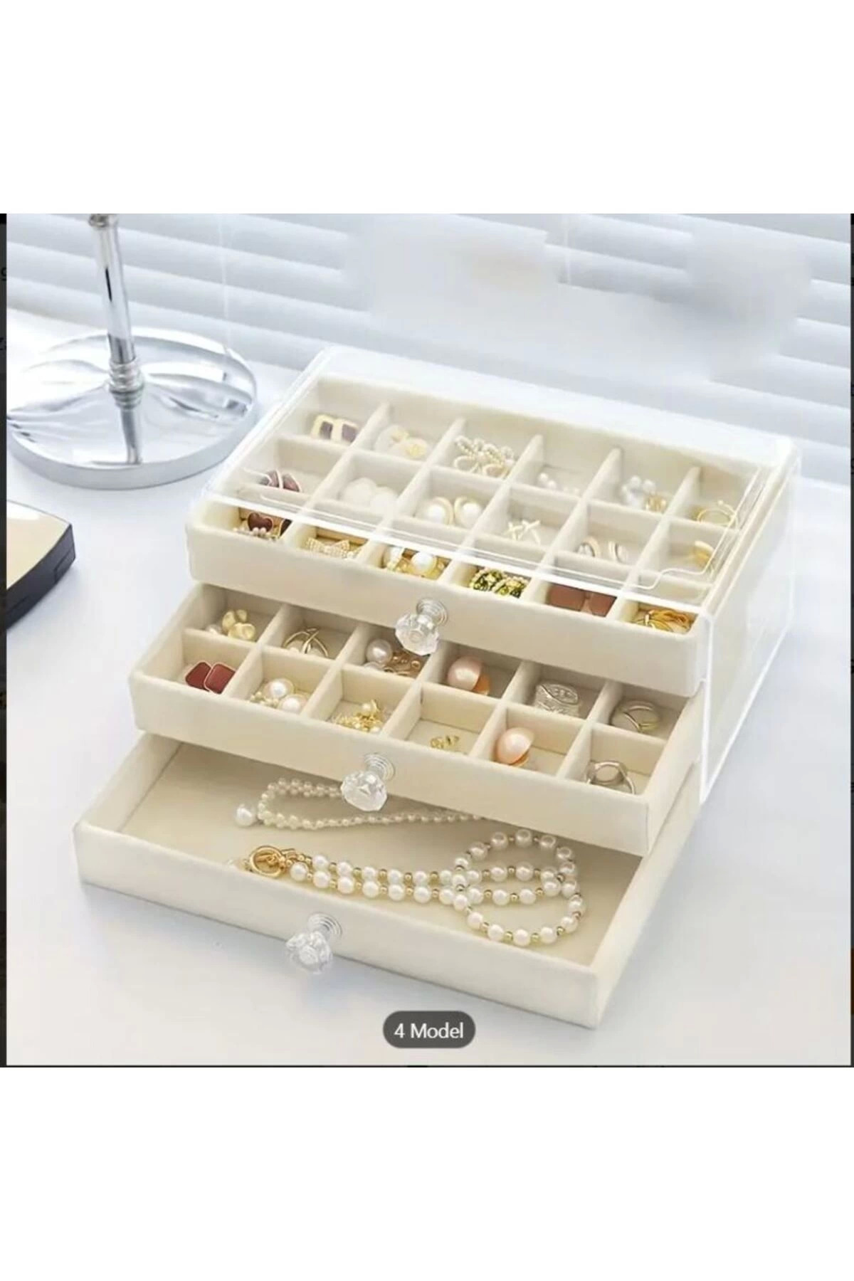 Rby 3 Çekmeceli Bölmeli Şeffaf Kadife Mücevher Taki Kutusu Küpe Yüzük