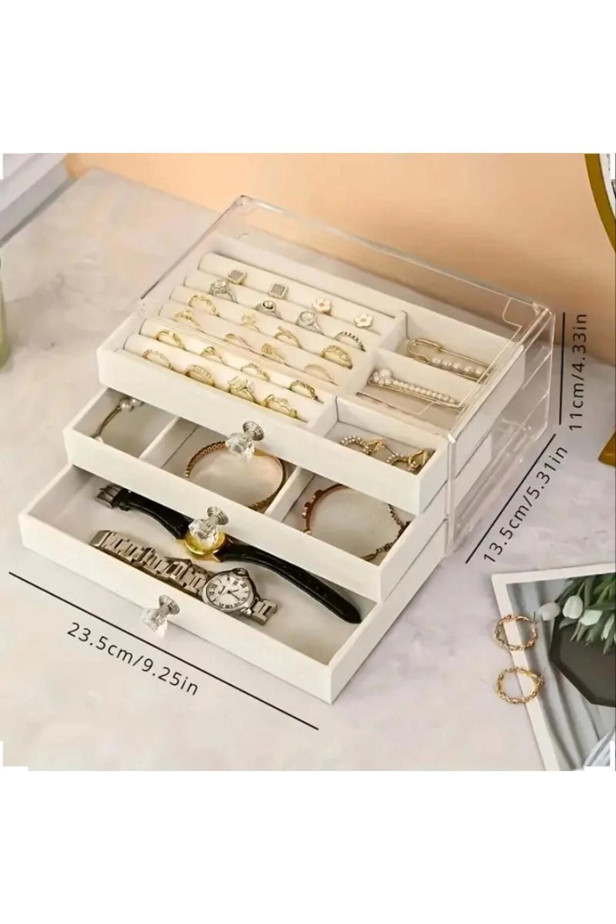 Rby 3 Çekmeceli Bölmeli Şeffaf Taki Kutusu | Mücevher Saklama Kutusu