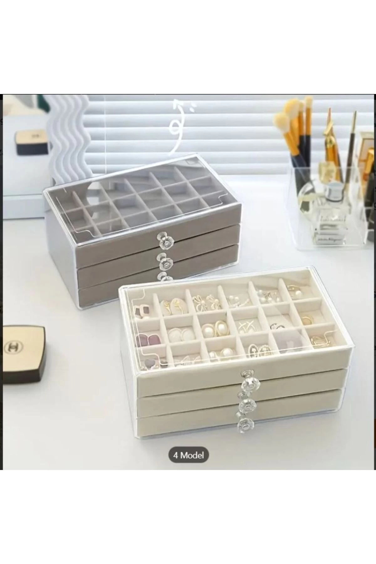 Rby 3 Çekmeceli Bölmeli Şeffaf Kadife Mücevher Taki Kutusu Küpe Yüzük