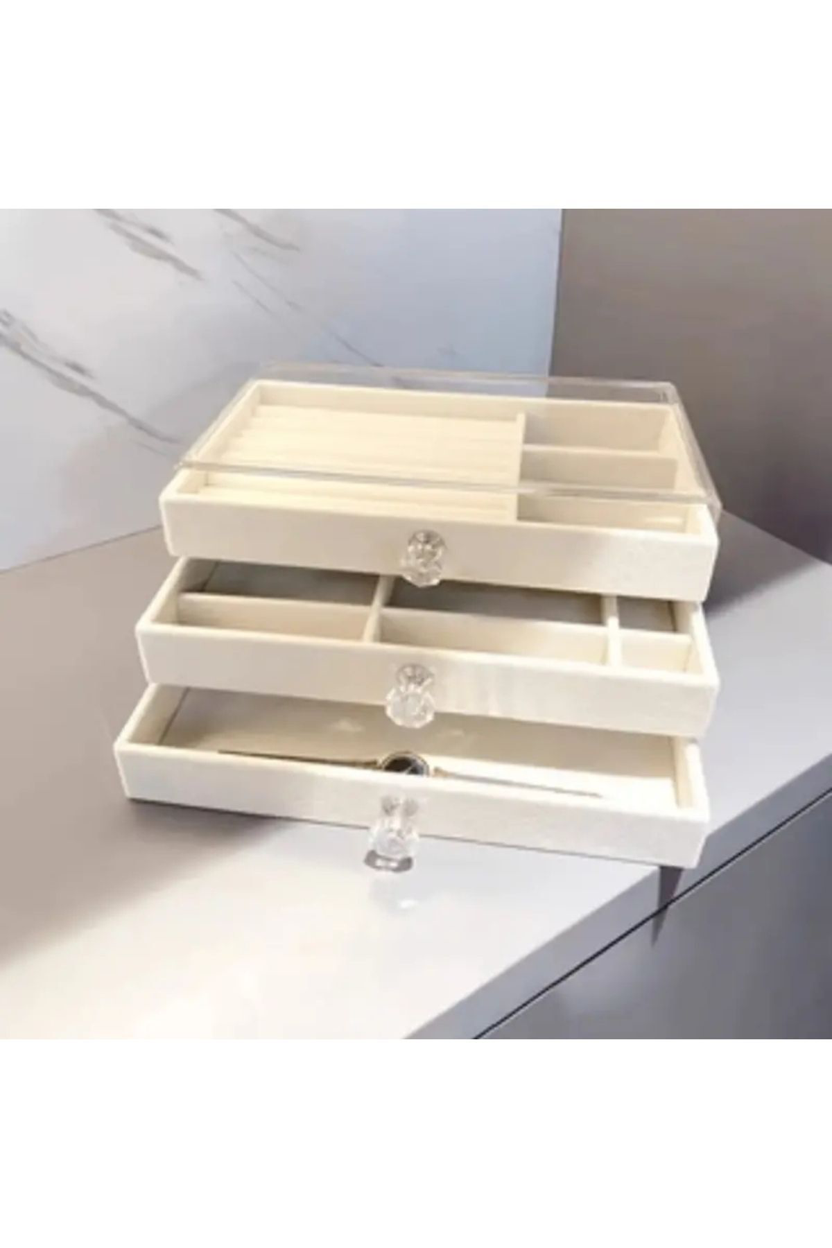 Elioure 3 Çekmeceli Modern Kadife Takı Organizer