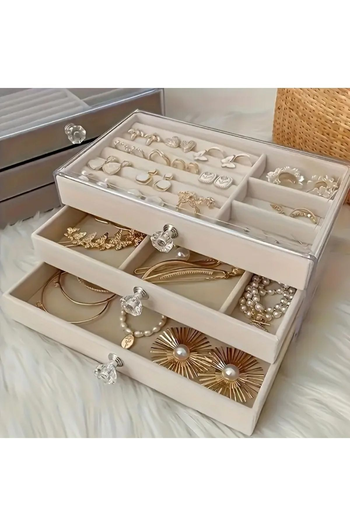 Elioure 3 Çekmeceli Modern Kadife Takı Organizer