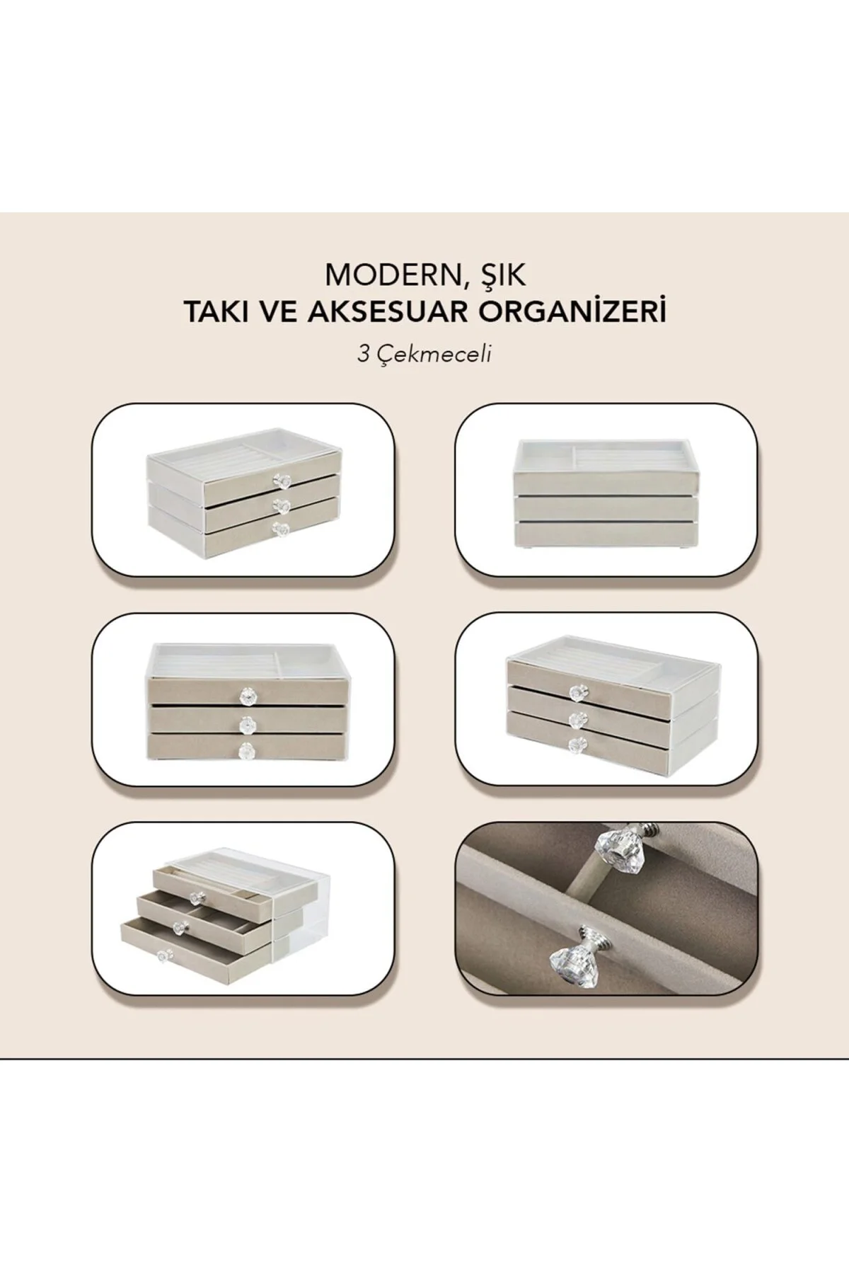 3 Çekmeceli Şeffaf Takı Kutusu – Modern Gri Mücevher Organizörü, 