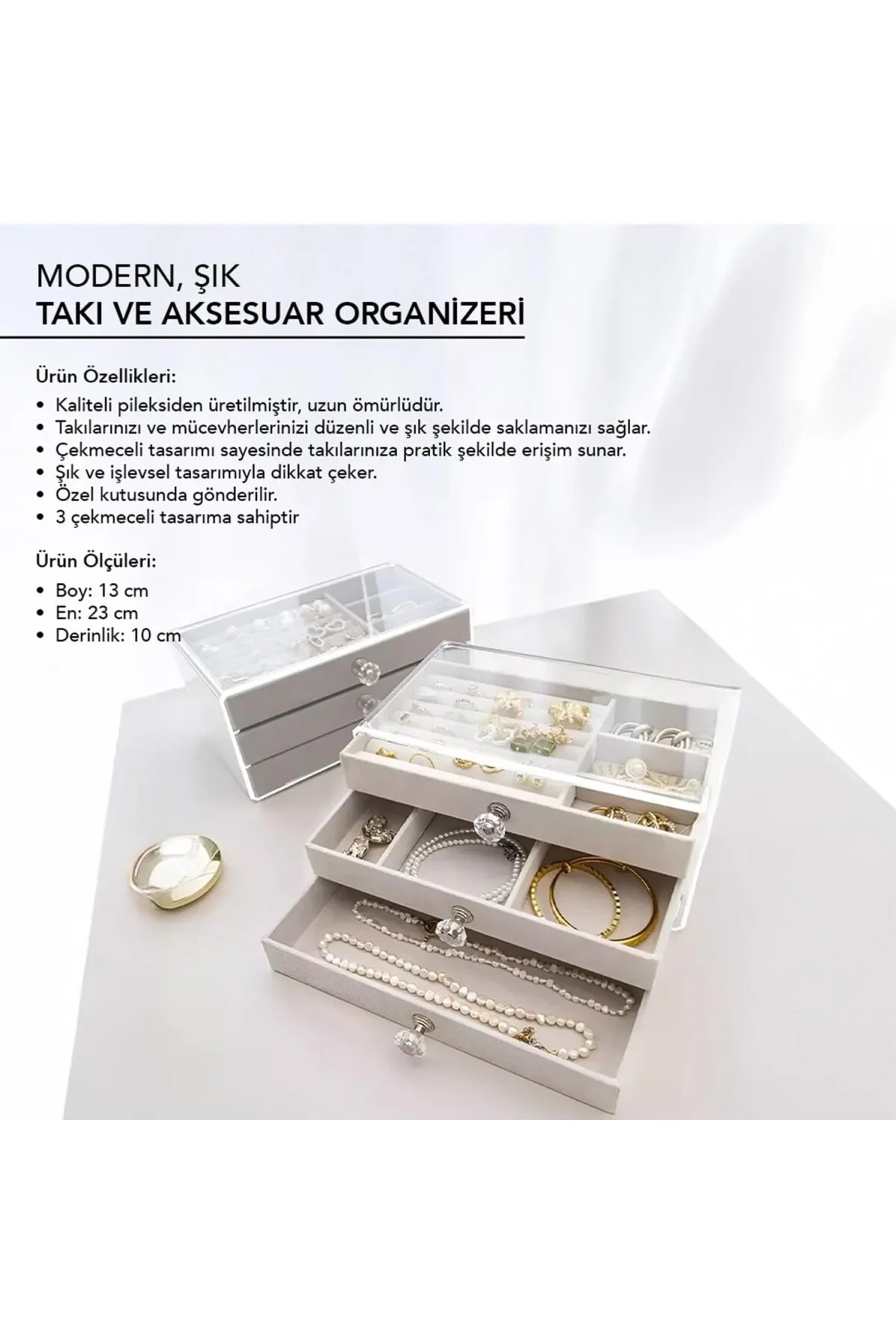 3 Çekmeceli Şeffaf Takı Kutusu – Modern Gri Mücevher Organizörü, 
