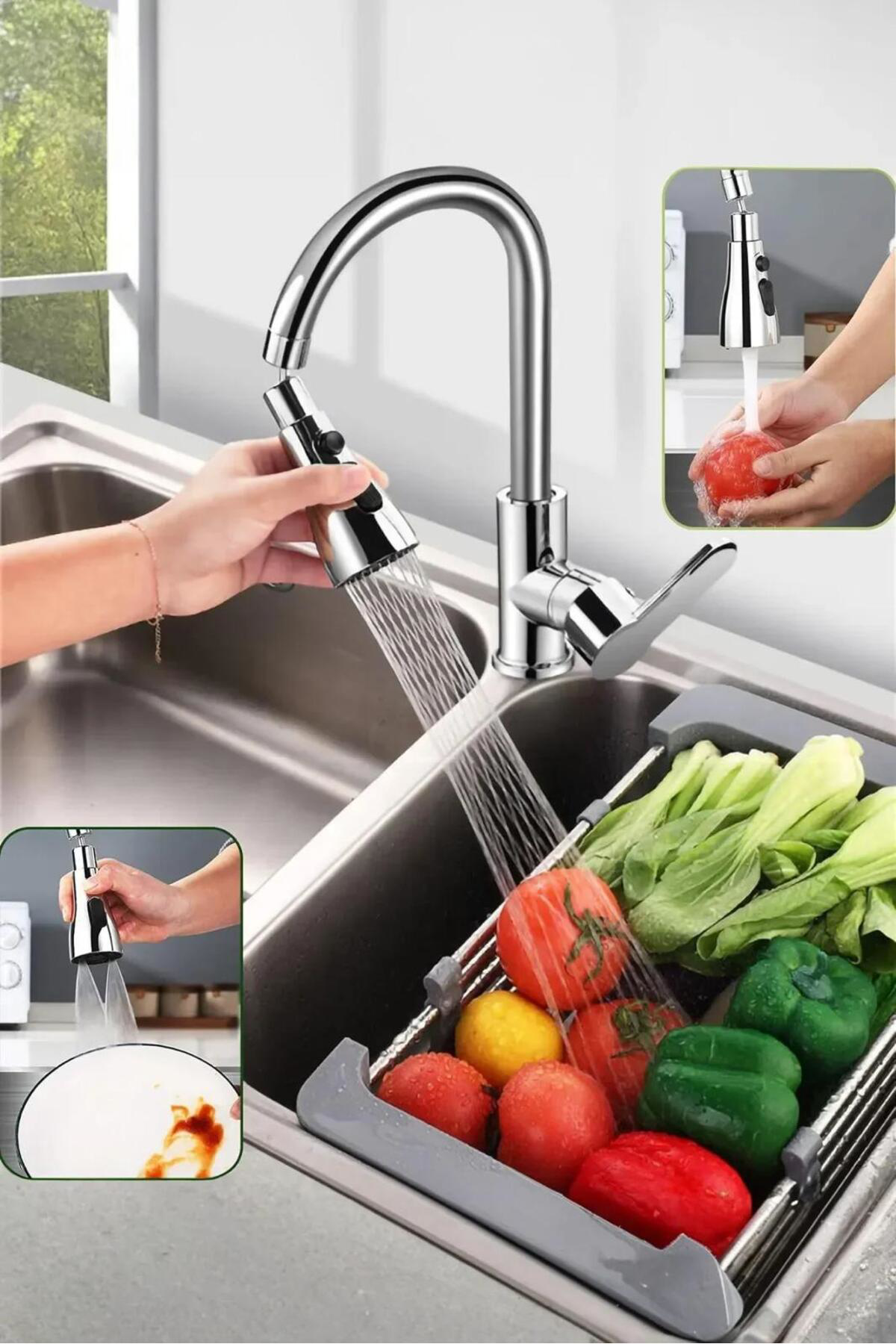 3 Fonksiyonlu Dönebilen Metalik Musluk Başlığı | Su Tasarruflu ve