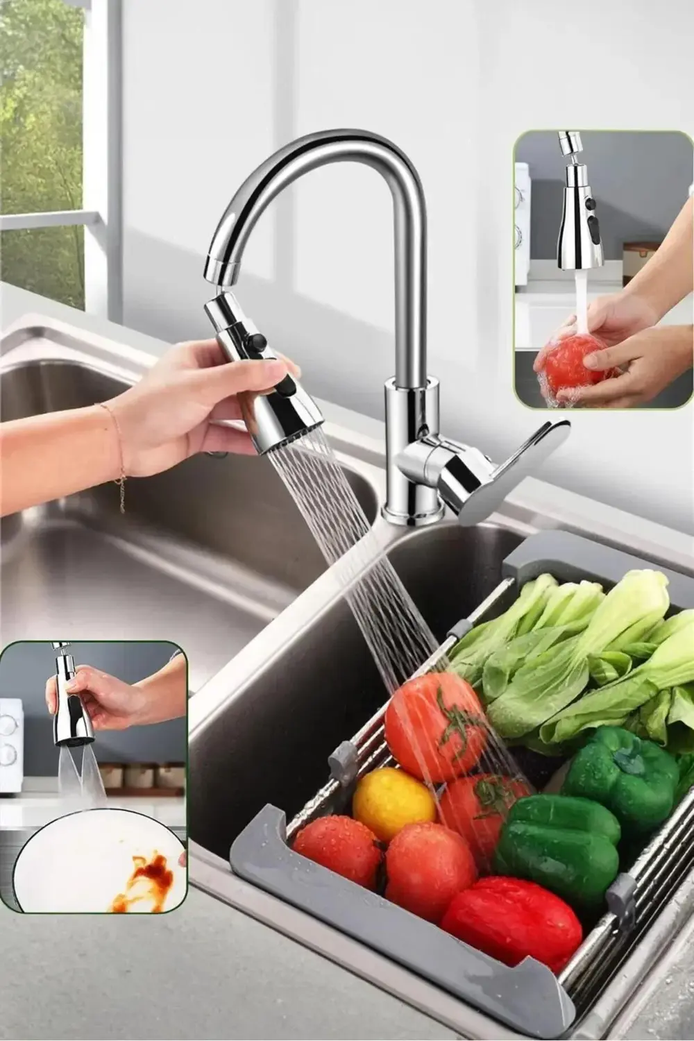 3 Fonksiyonlu Dönebilen Metalik Musluk Başlığı | Su Tasarruflu ve