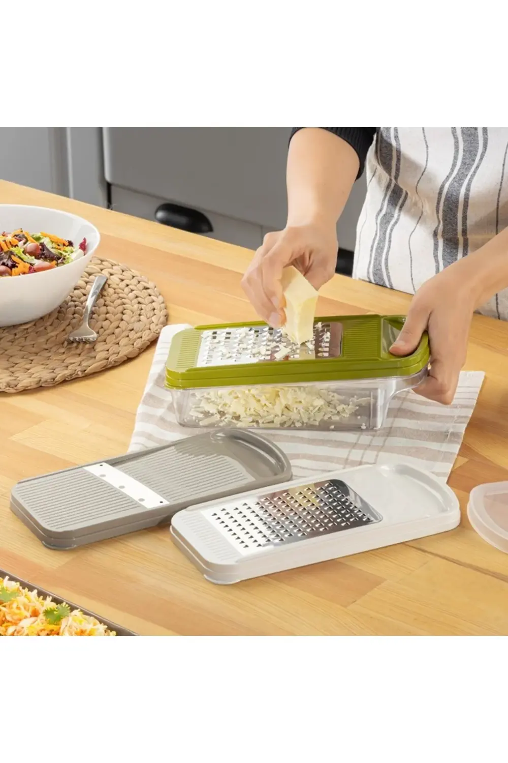 3 Fonksiyonlu Hazneli Rende Seti – İnce & Kalın Rende + Dilimleyi