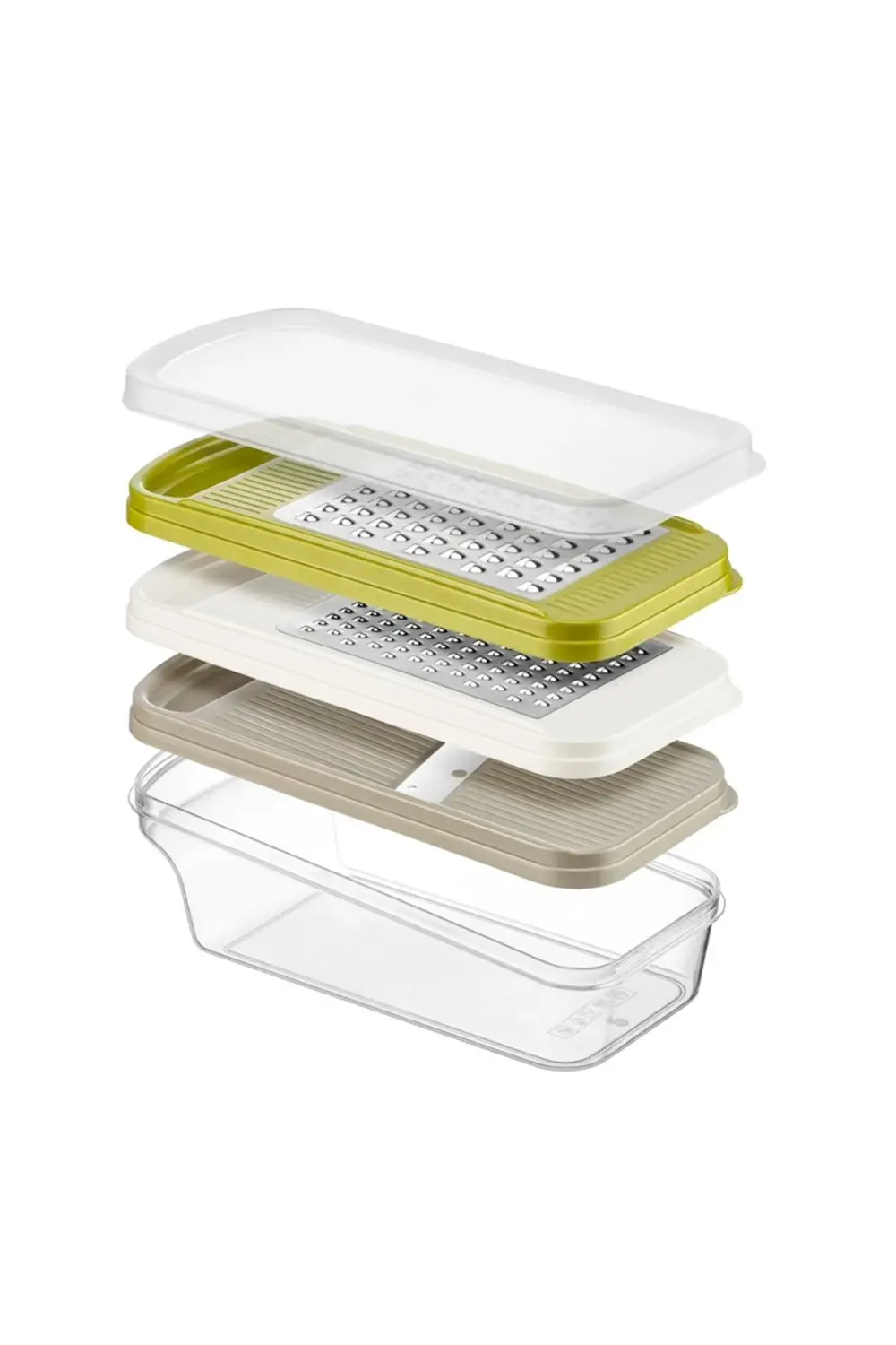 3 Fonksiyonlu Hazneli Rende Seti – İnce & Kalın Rende + Dilimleyi