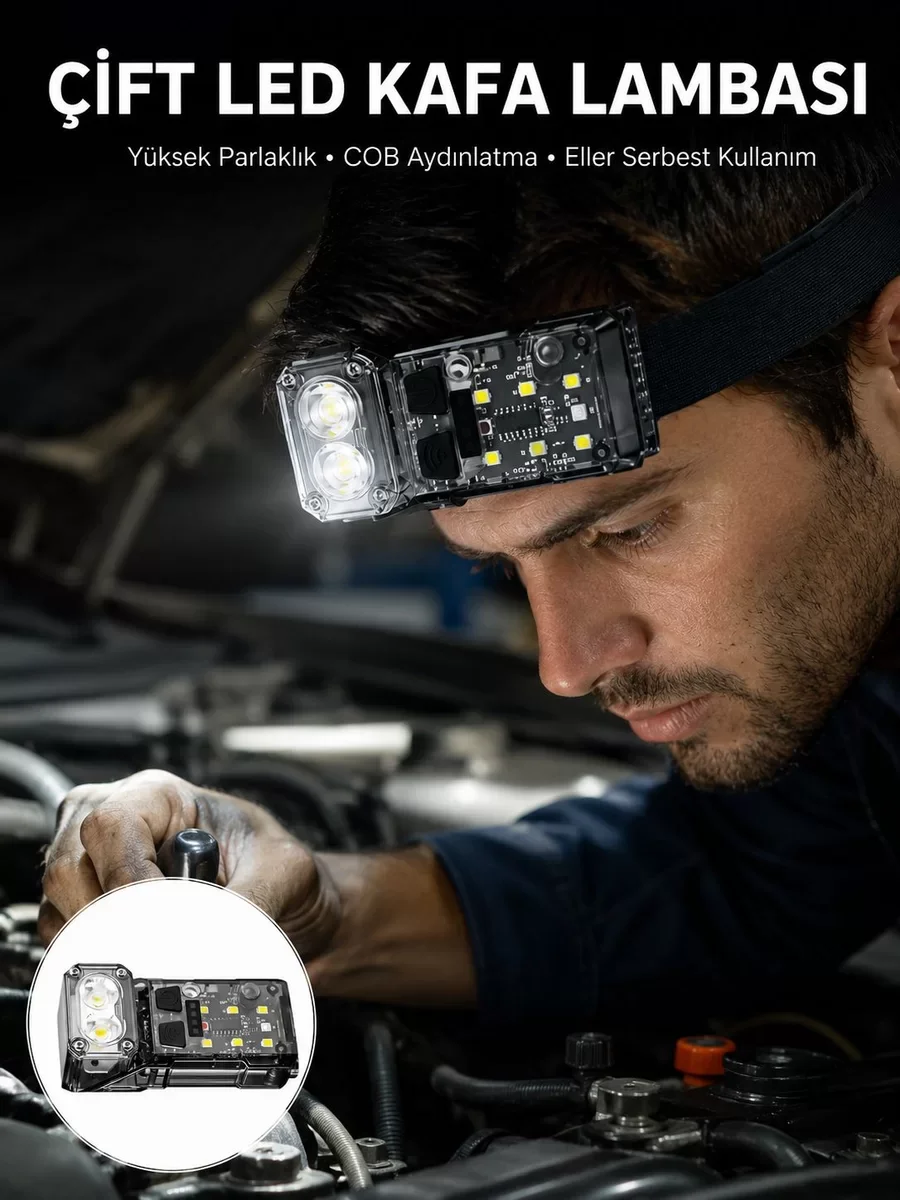 3 Fonksiyonlu LED Far El Feneri Çalışma Lambası Uzun Pil Ömürlü Y