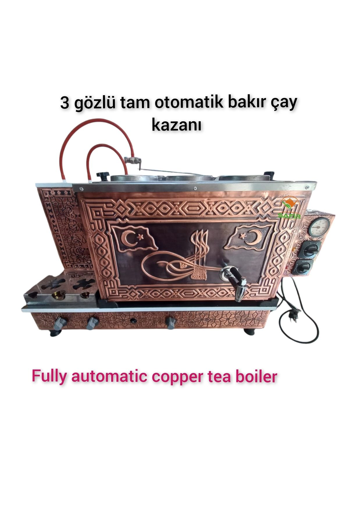 3 Gözlü Bakır Çay Ocağı Çiftli Bayrak ve Osmanlı Tuğra modelli Ba
