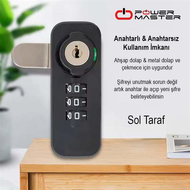 3 Haneli Şifreli Ve Anahtarlı Mekanik Siyah Çekmece Dolap Kilidi 