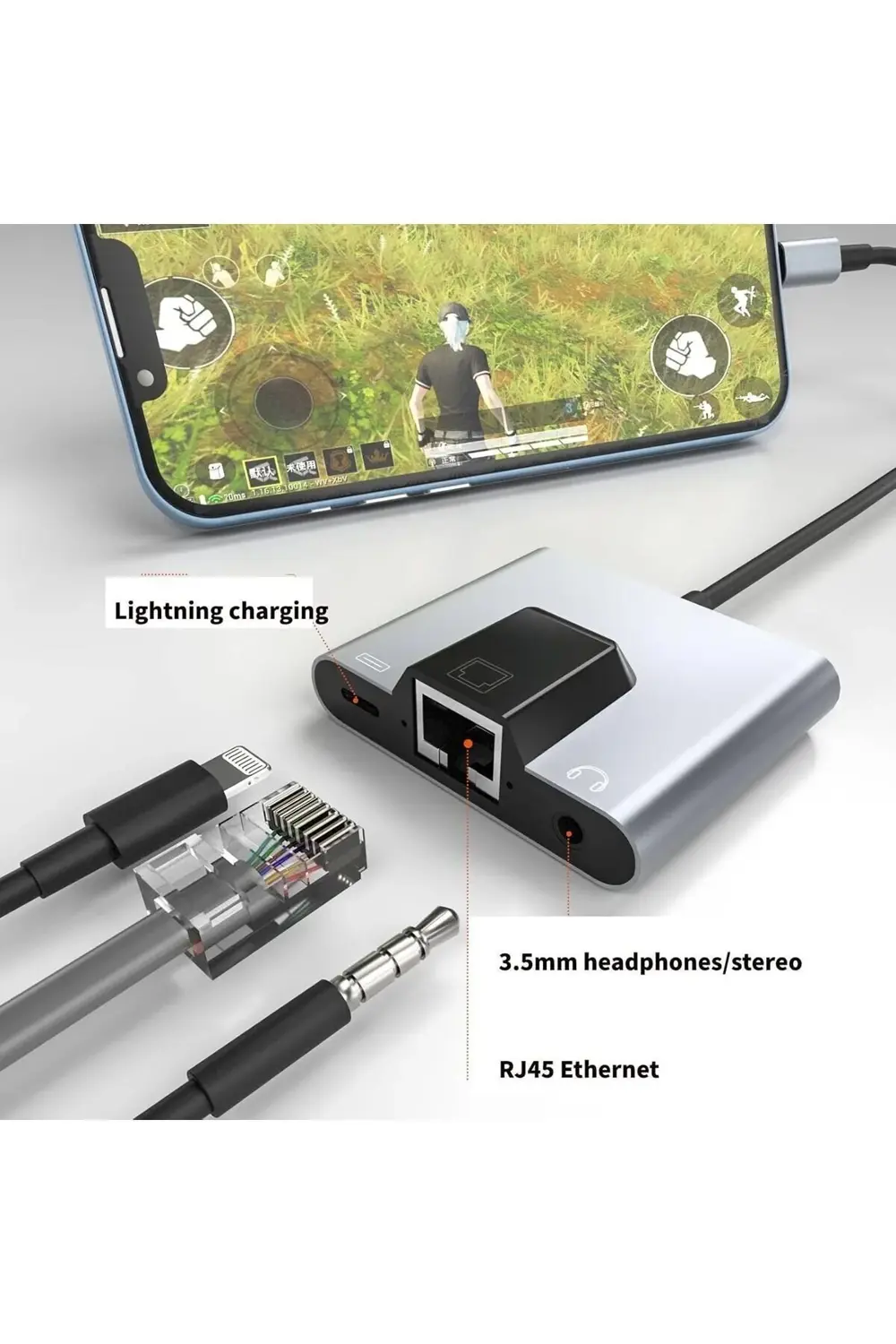 3 in 1 Lightning & Type-C Ethernet Adaptörü – RJ45, AUX, Şarj Des 3 in 1 Lightning & Type-C Ethernet Adaptörü – RJ45, AUX, Şarj Des