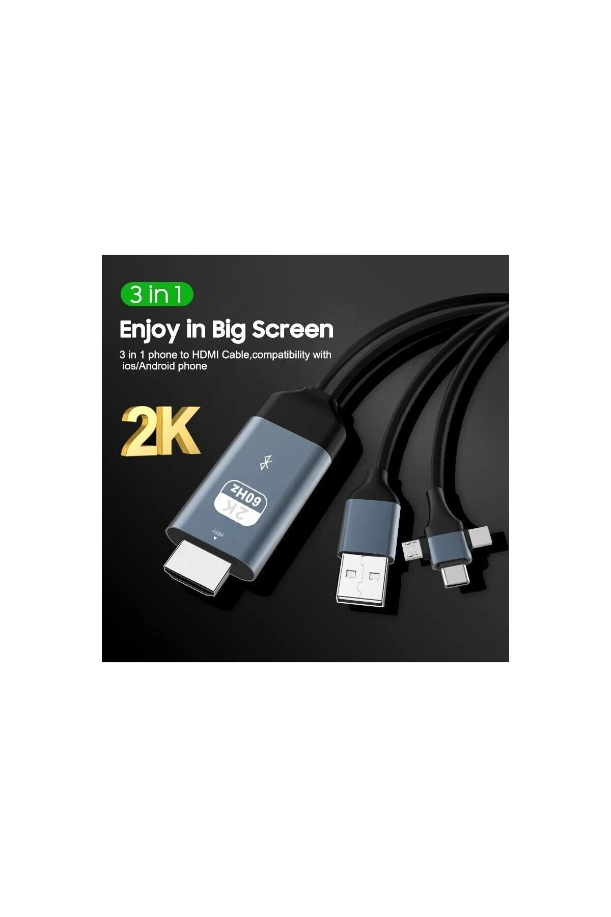 3 in 1 Phone to HDMI Kablo – 2K 60Hz, 200CM, Type-C, Lightning, M